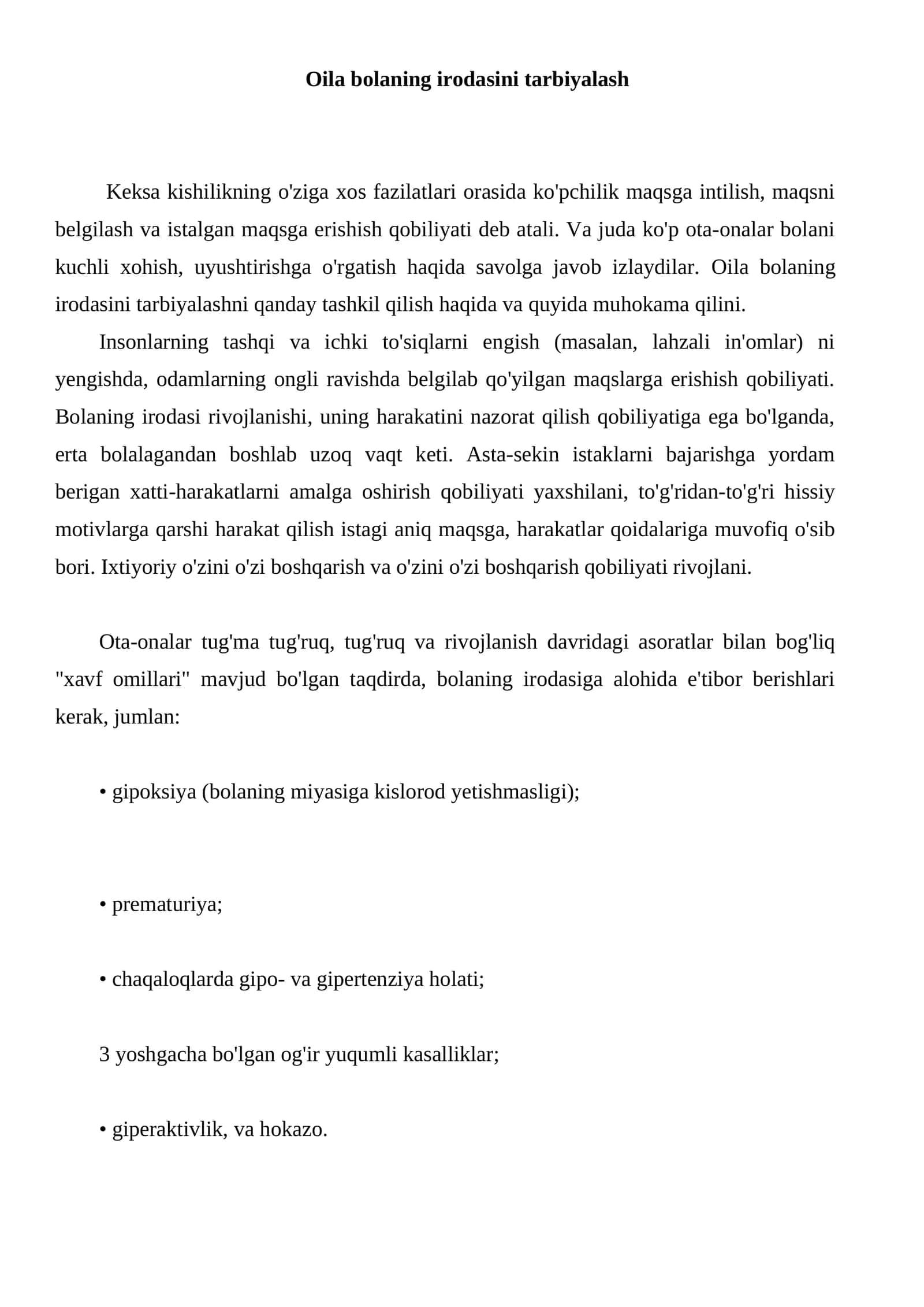 Oila bolaning irodasini tarbiyalash 1