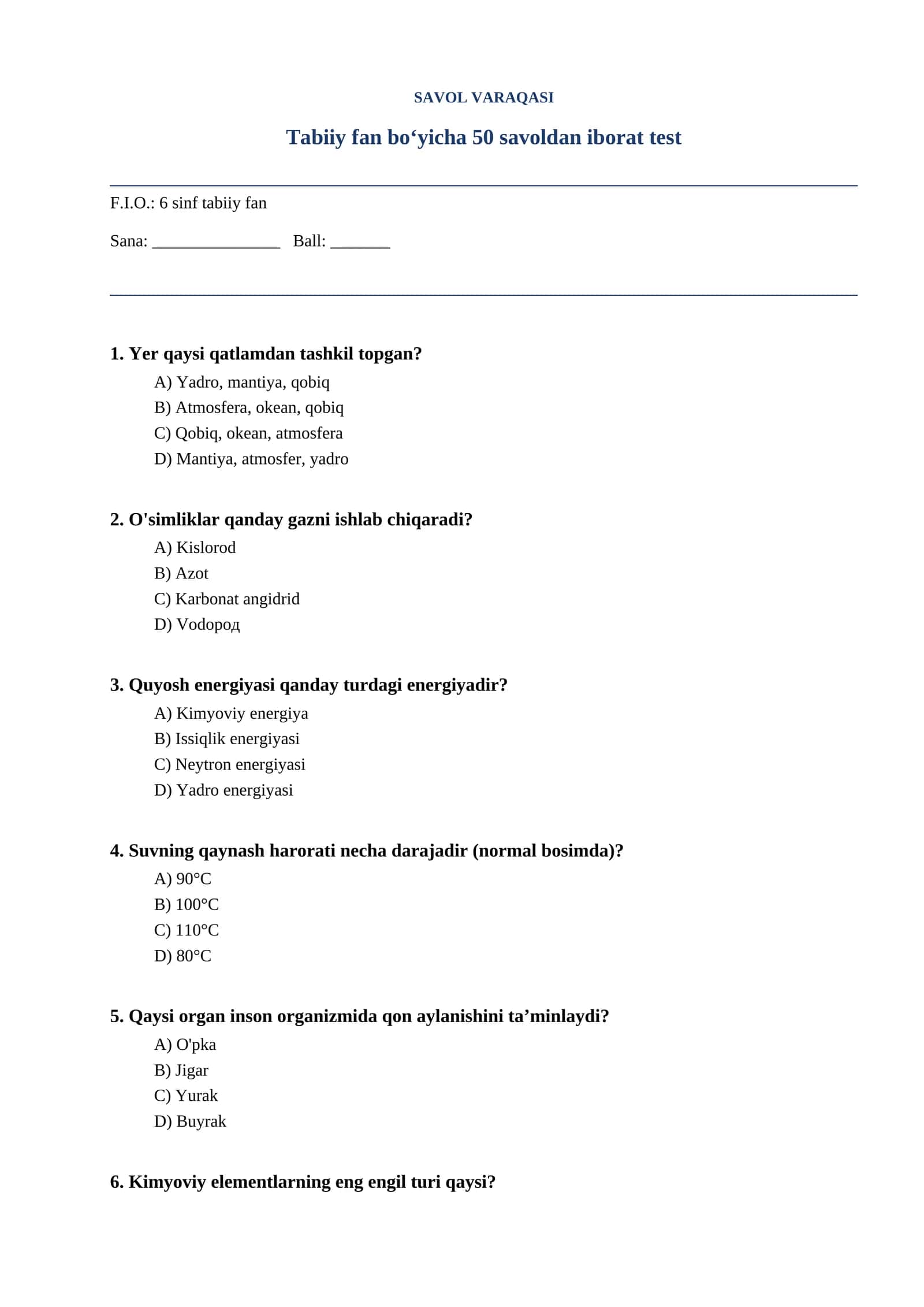 Tabiiy fan bo‘yicha 50 savoldan iborat test 1