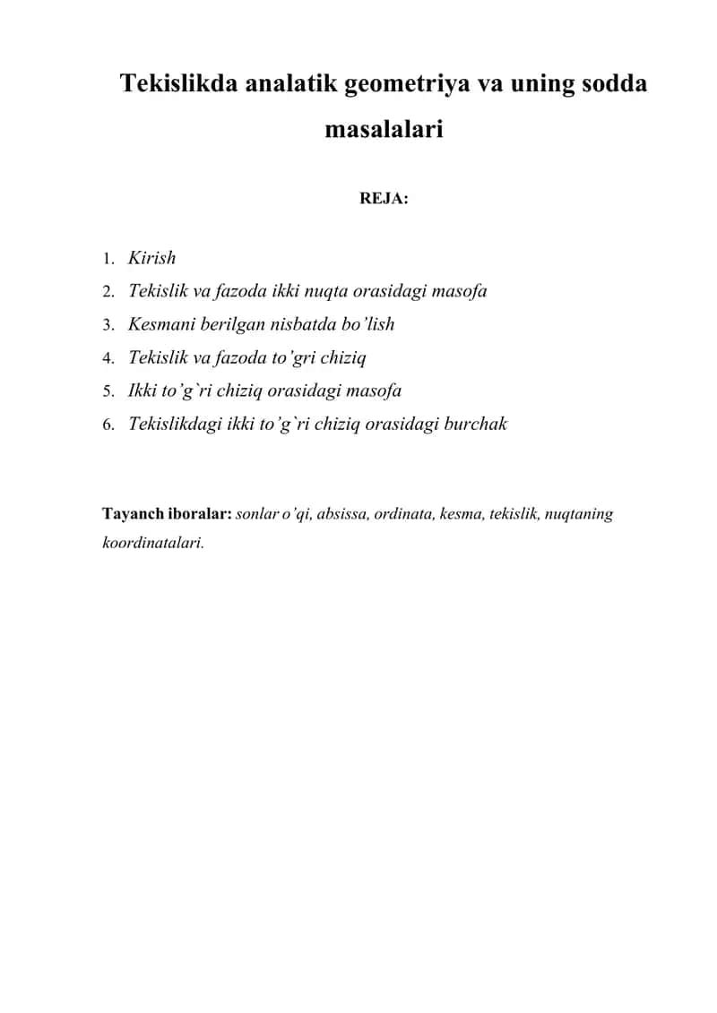 Tekislikda analatik geometriya va uning sodda masalalari 1