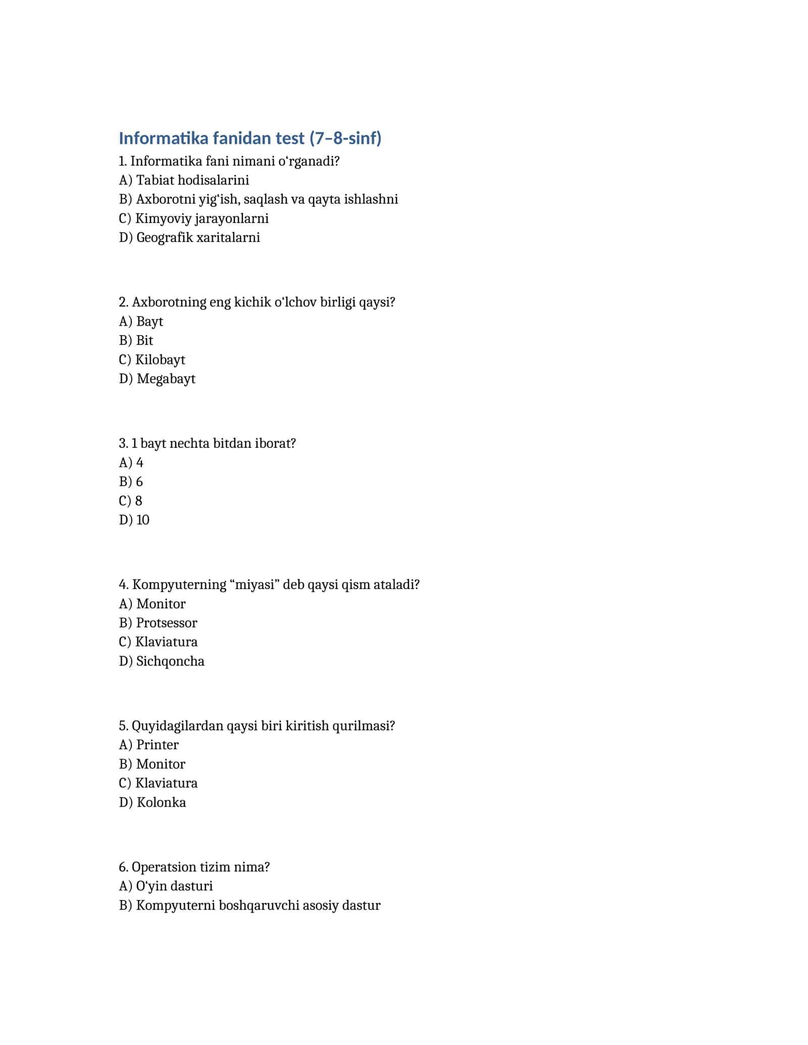 Informatika fanidan test (7–8-sinf) 1