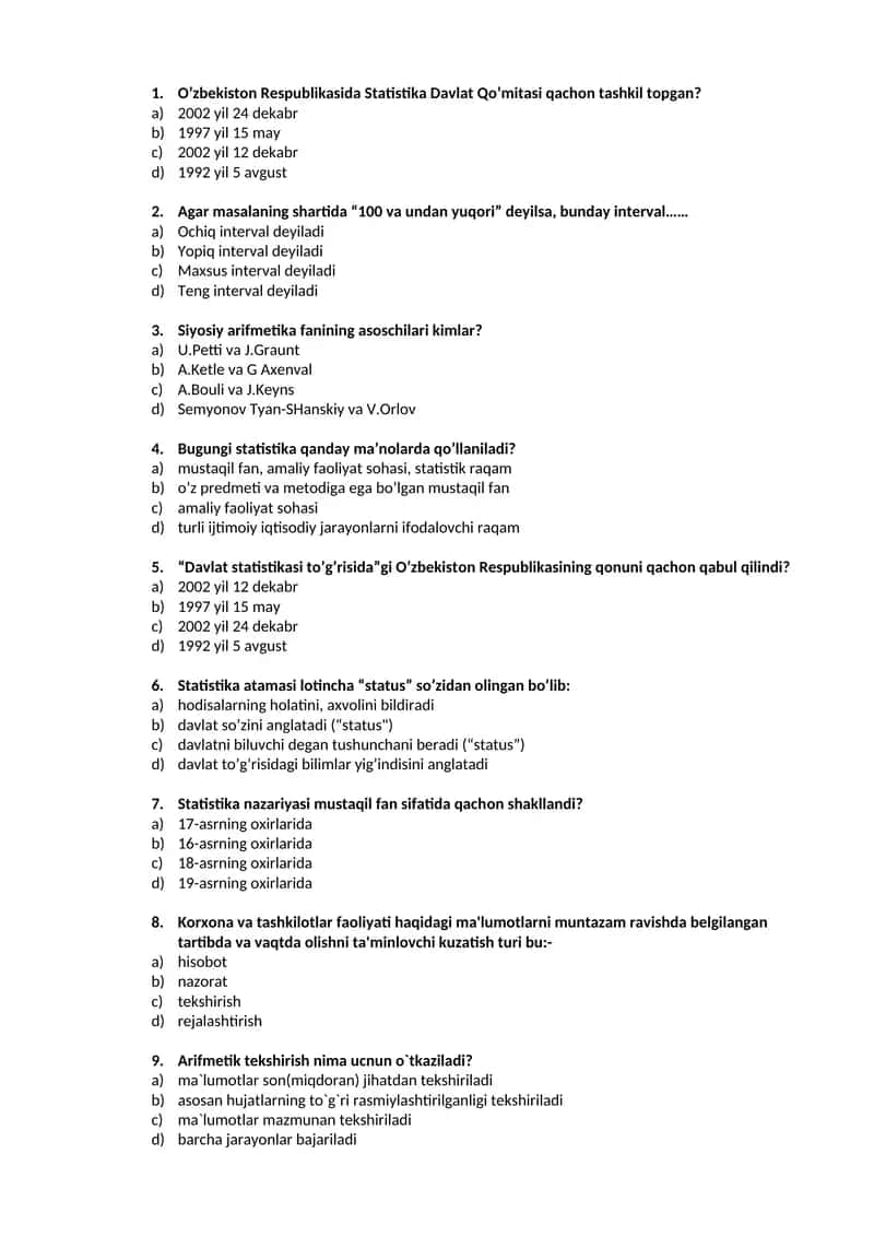 Statistika fanidan yakuniy testlar 1
