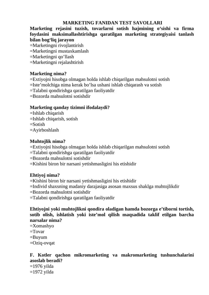 MARKETING FANIDAN TEST SAVOLLARI 1