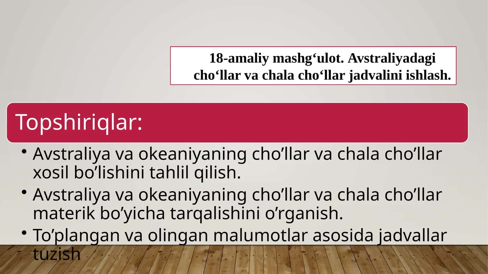 Avstraliyadagi cho'llar va chala cho'llar jadvalini ishlash 1