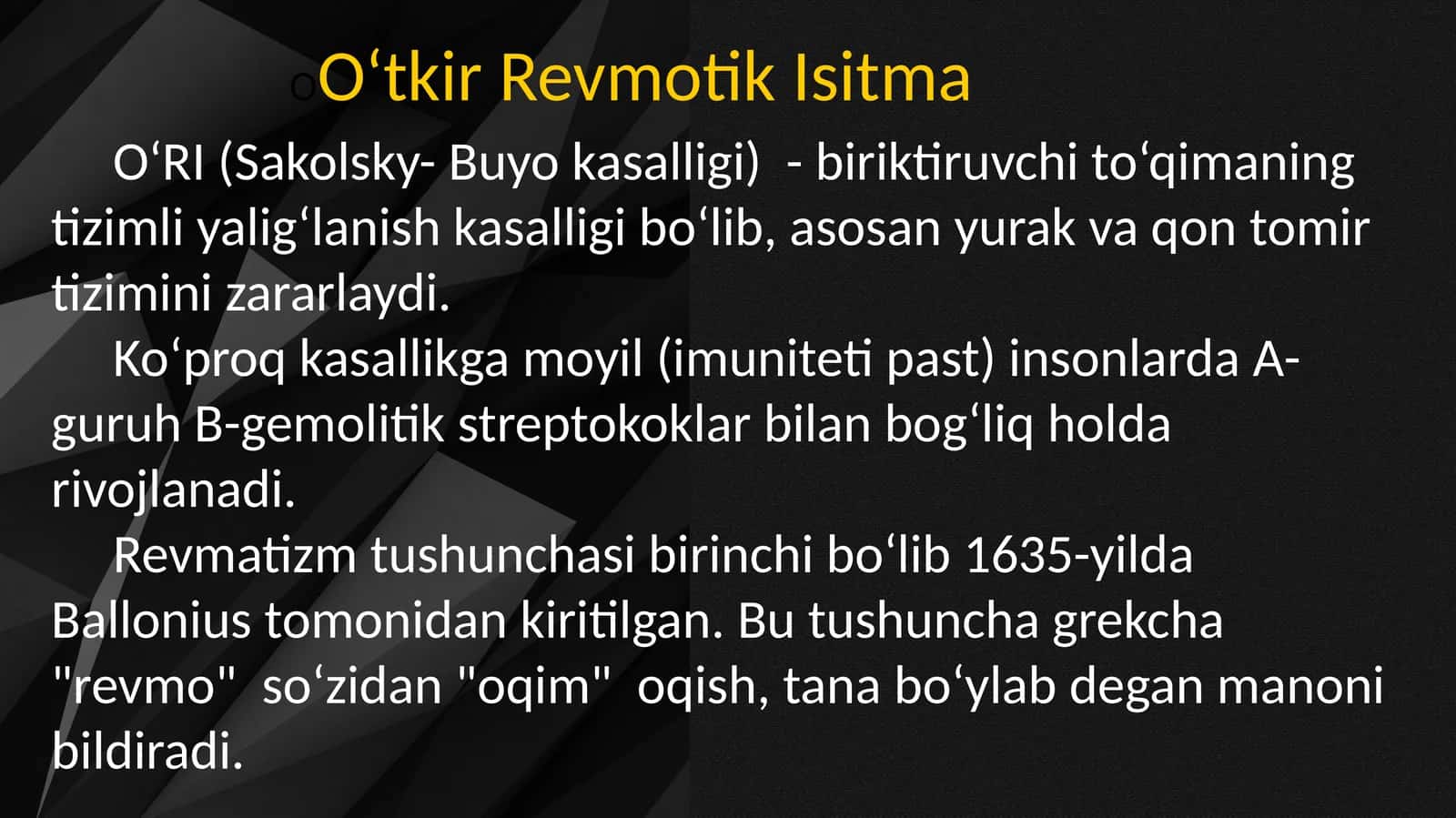 O‘tkir revmatik isitma. Ichki kasalliklar 1