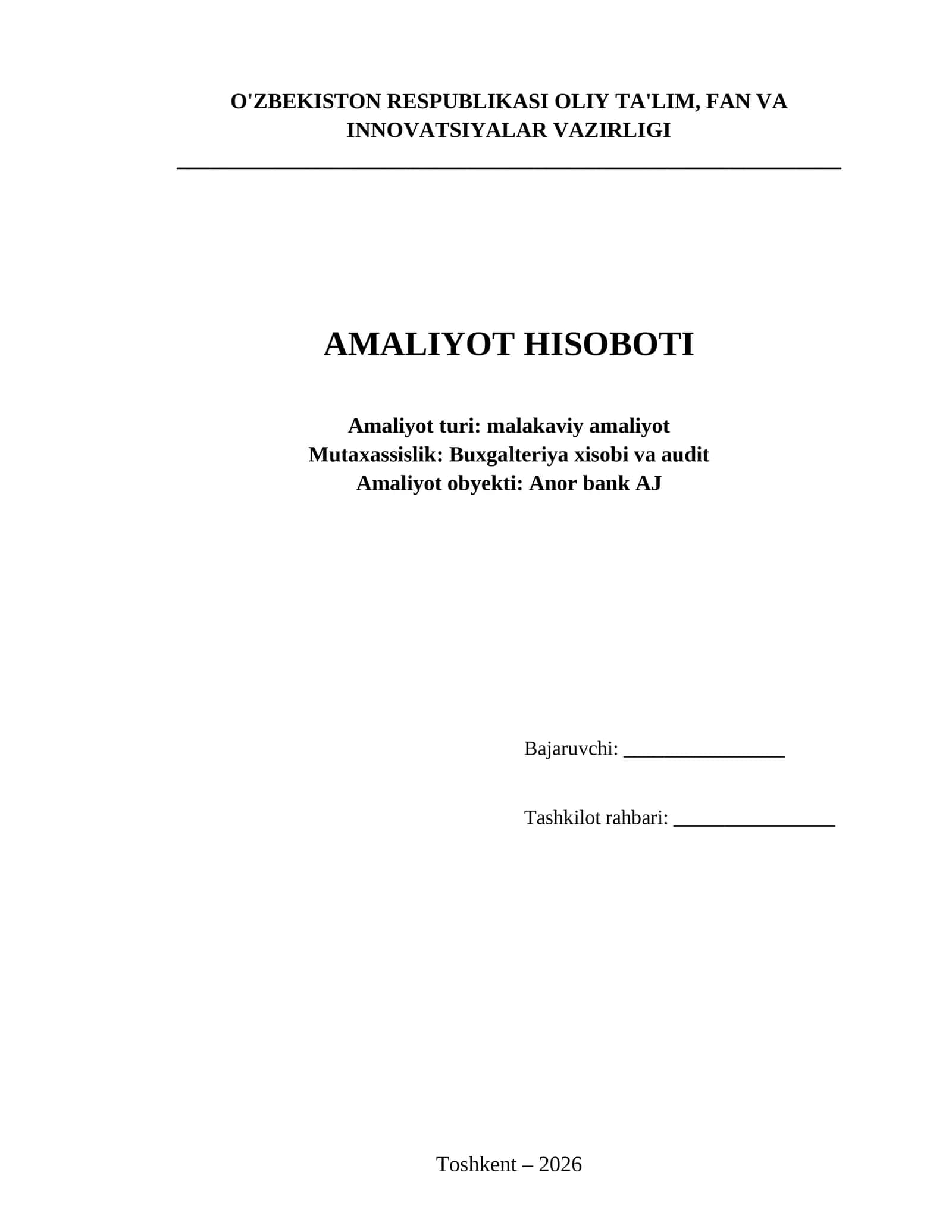 “Anor bank” Aksadorlik Jamiyatida Buxgalteriya xisobi va Audit amalyoti 1