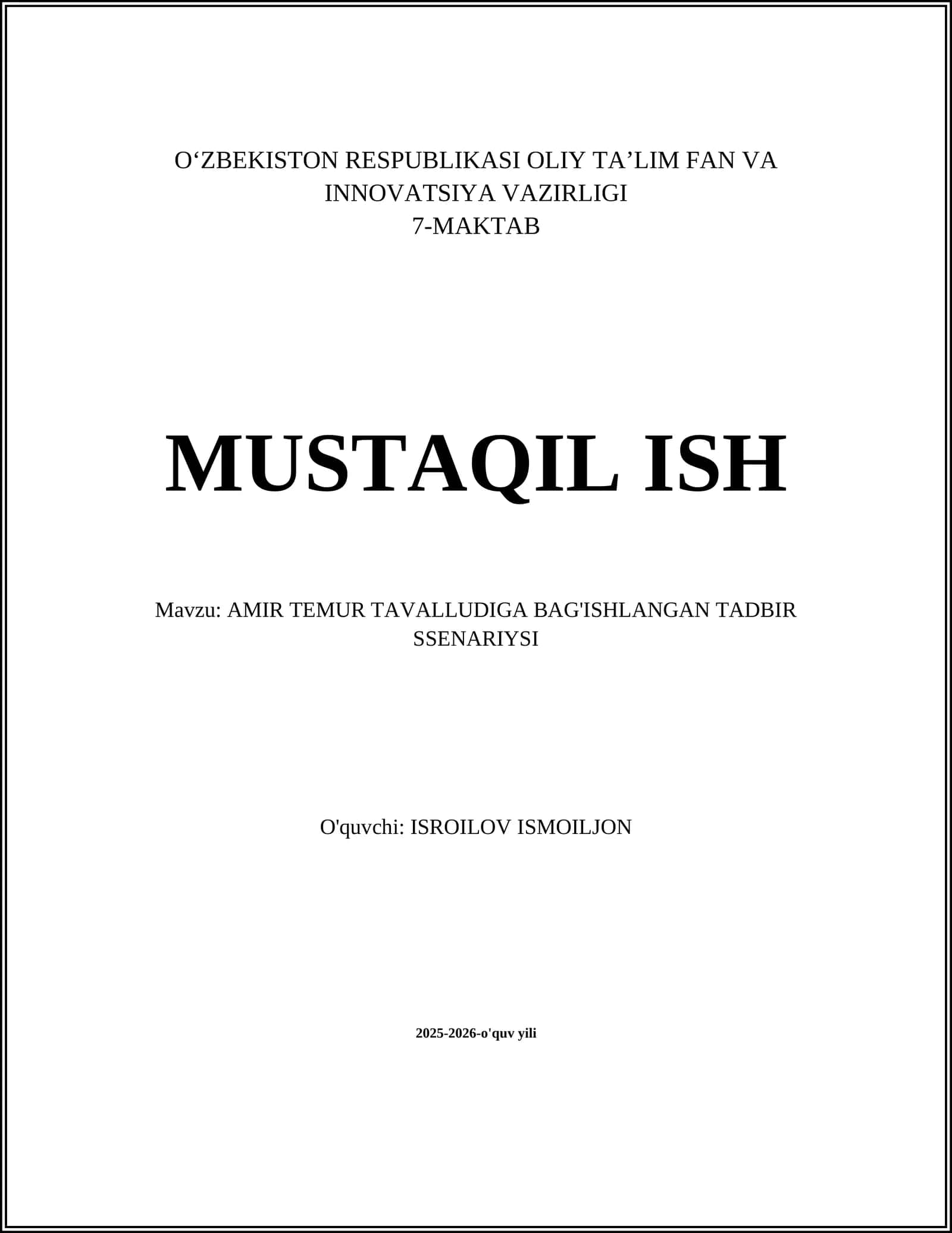 AMIR TEMUR TAVALLUDIGA BAG'ISHLANGAN TADBIR SSENARIYSI 1