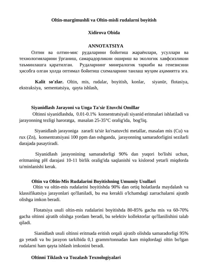 Oltin-margimushli va Oltin-misli rudalarni boyitish 1