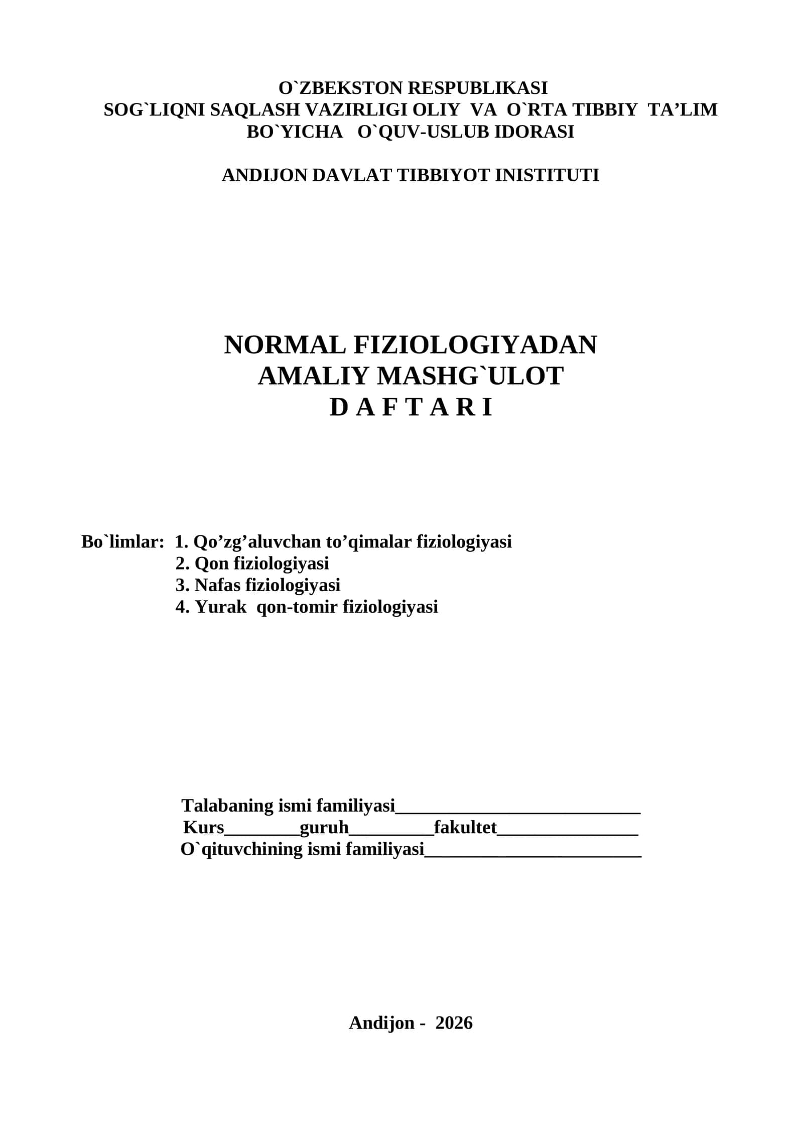 NORMAL FIZIOLOGIYADAN AMALIY MASHG`ULOT 1