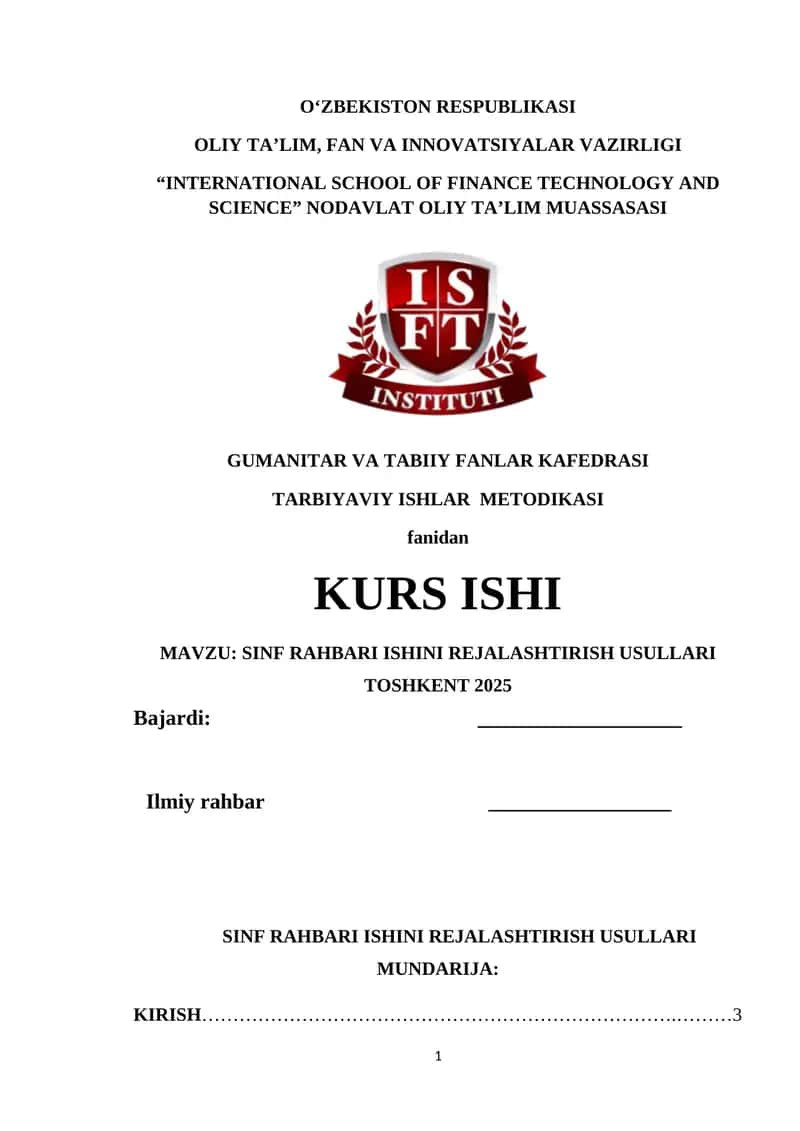 SINF RAHBARI ISHINI REJALASHTIRISH USULLARI 1