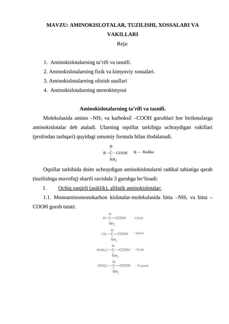 AMINOKISLOTALAR, TUZILISHI, XOSSALARI VA VAKILLARI 1