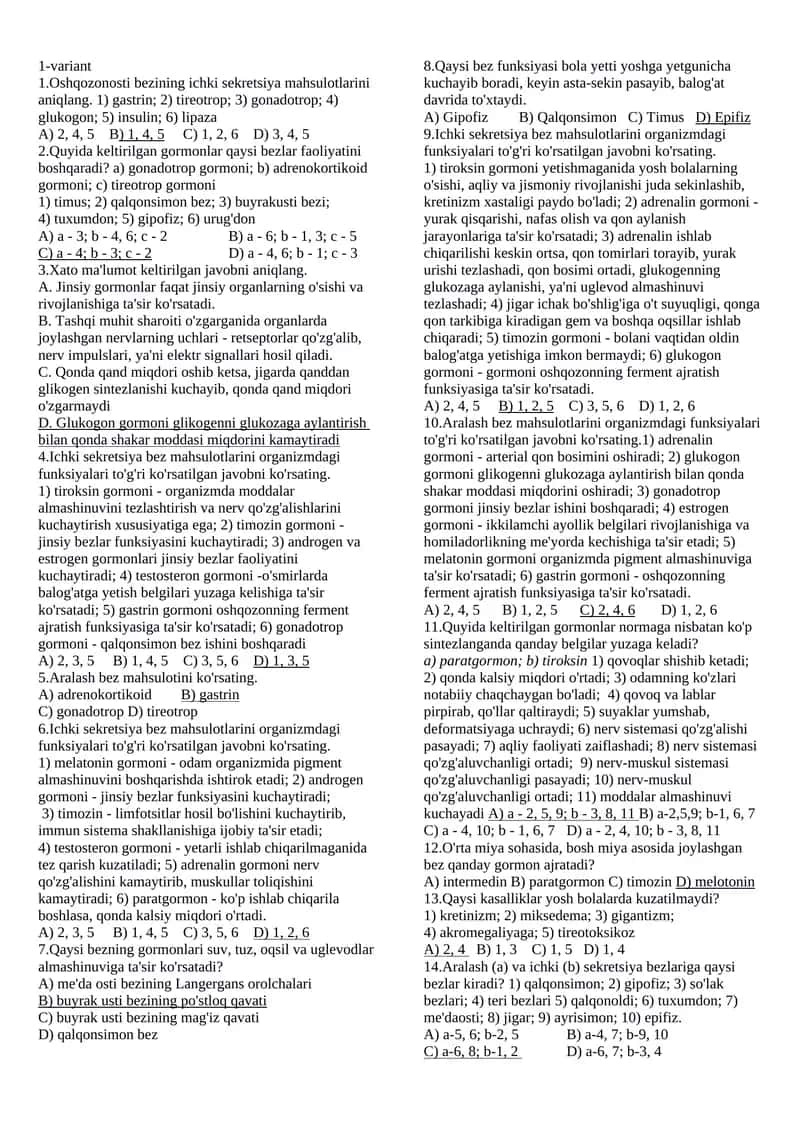 Ichki Sekretsiya Bezi Mahsulotlari Test 1