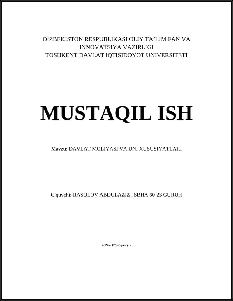 DAVLAT MOLIYASI VA UNI XUSUSIYATLARI 1
