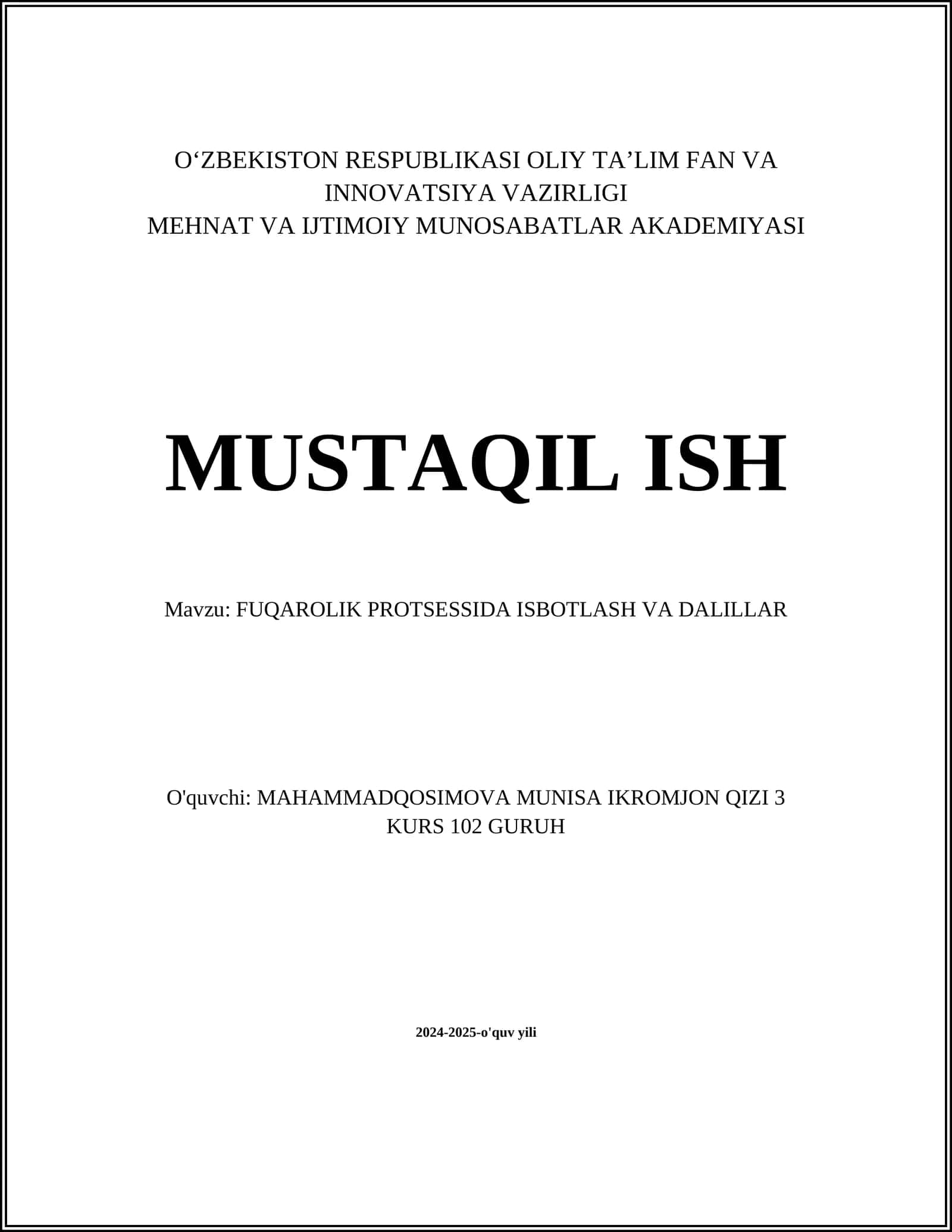 FUQAROLIK PROTSESSIDA ISBOTLASH VA DALILLAR 1