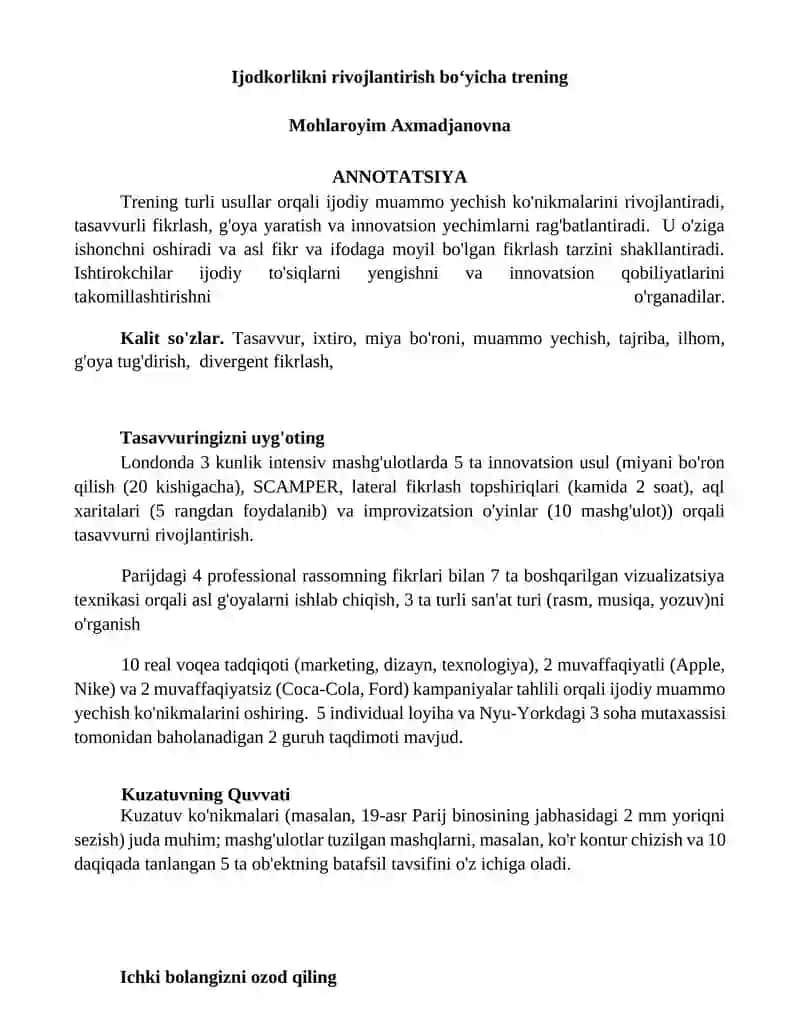 Ijodkorlikni rivojlantirish boʻyicha trening