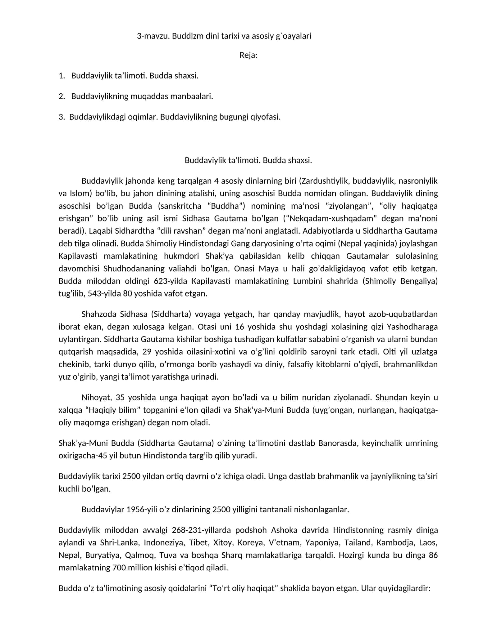 Buddizm dini tarixi va asosiy g`oayalari 1