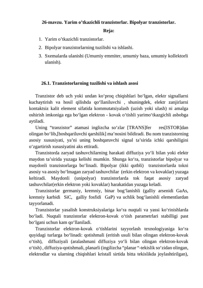Yarim o’tkazichli tranzistorlar 1