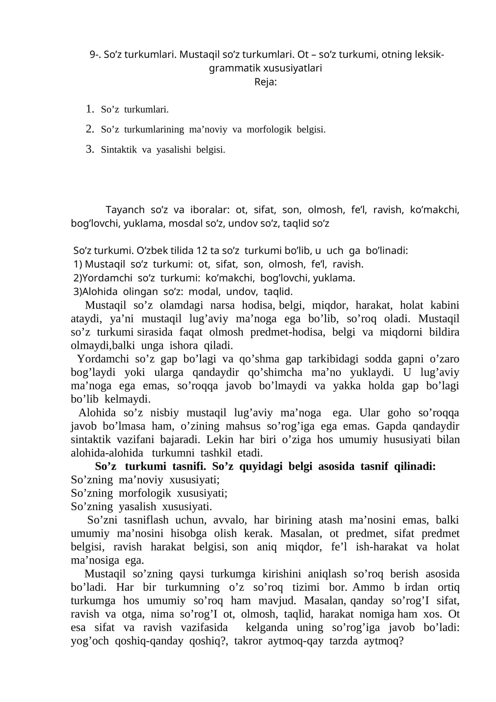 So’z turkumlari. Mustaqil so’z turkumlari. Ot – so’z turkumi, otning leksik-grammatik xususiyatlari 1