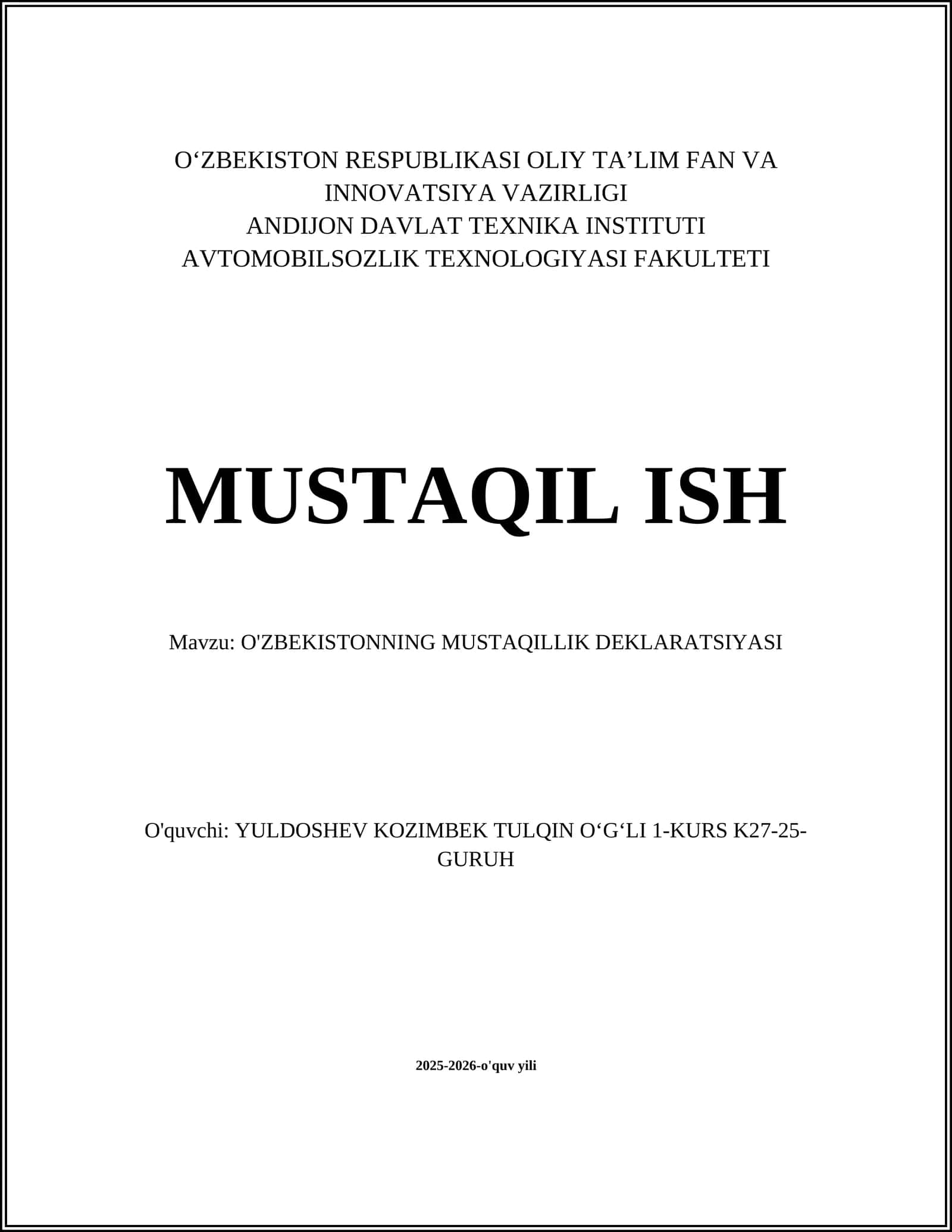 O'ZBEKISTONNING MUSTAQILLIK DEKLARATSIYASI 1