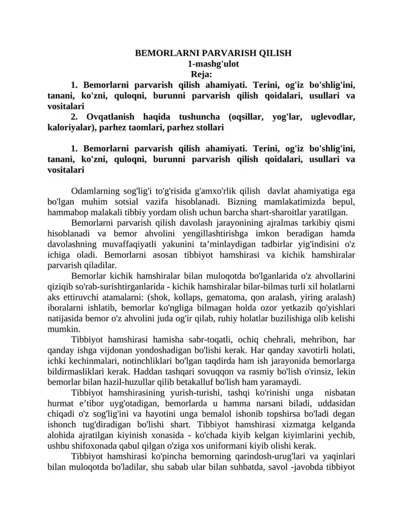 Bemorlarni parvarish qilish 1