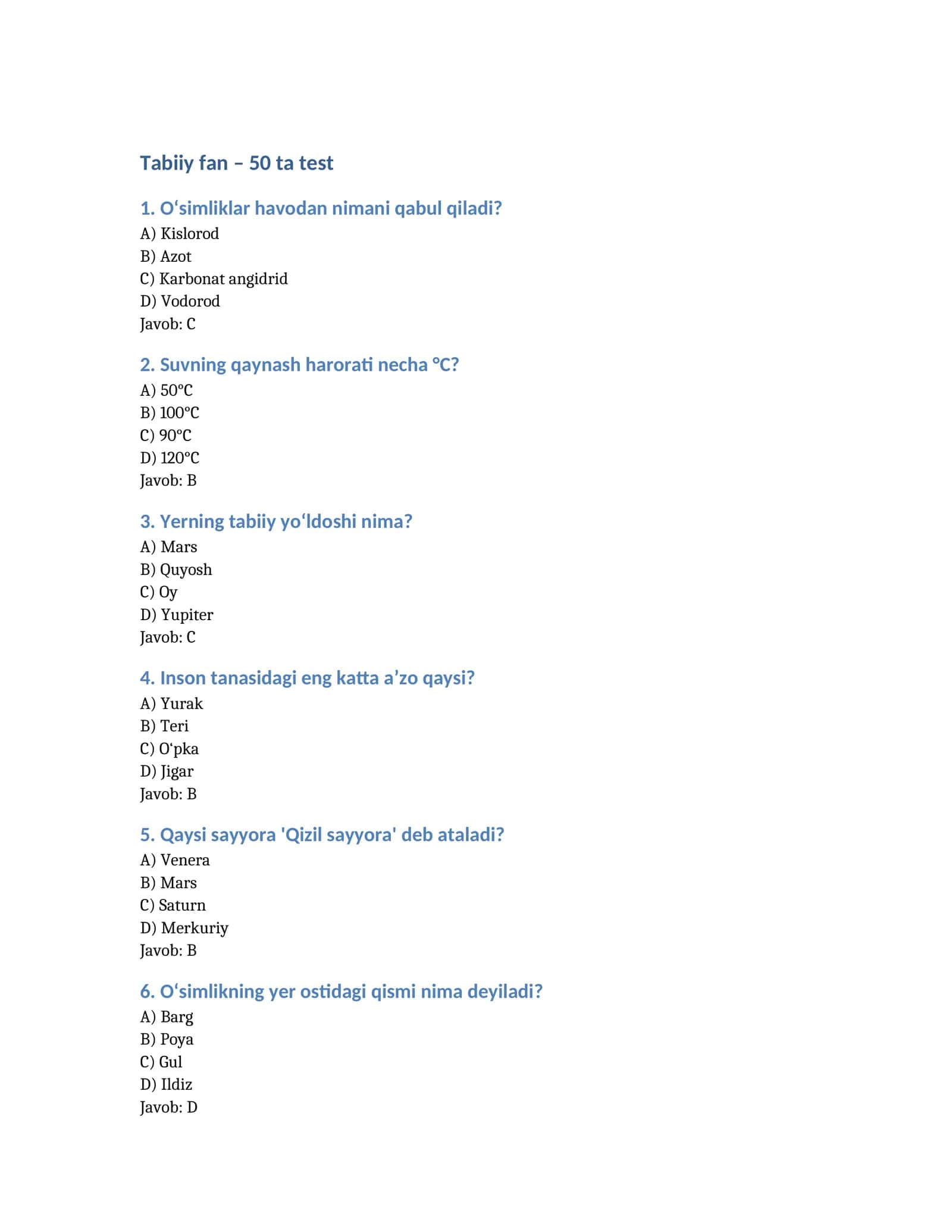 Tabiiy fan – 50 ta test 1
