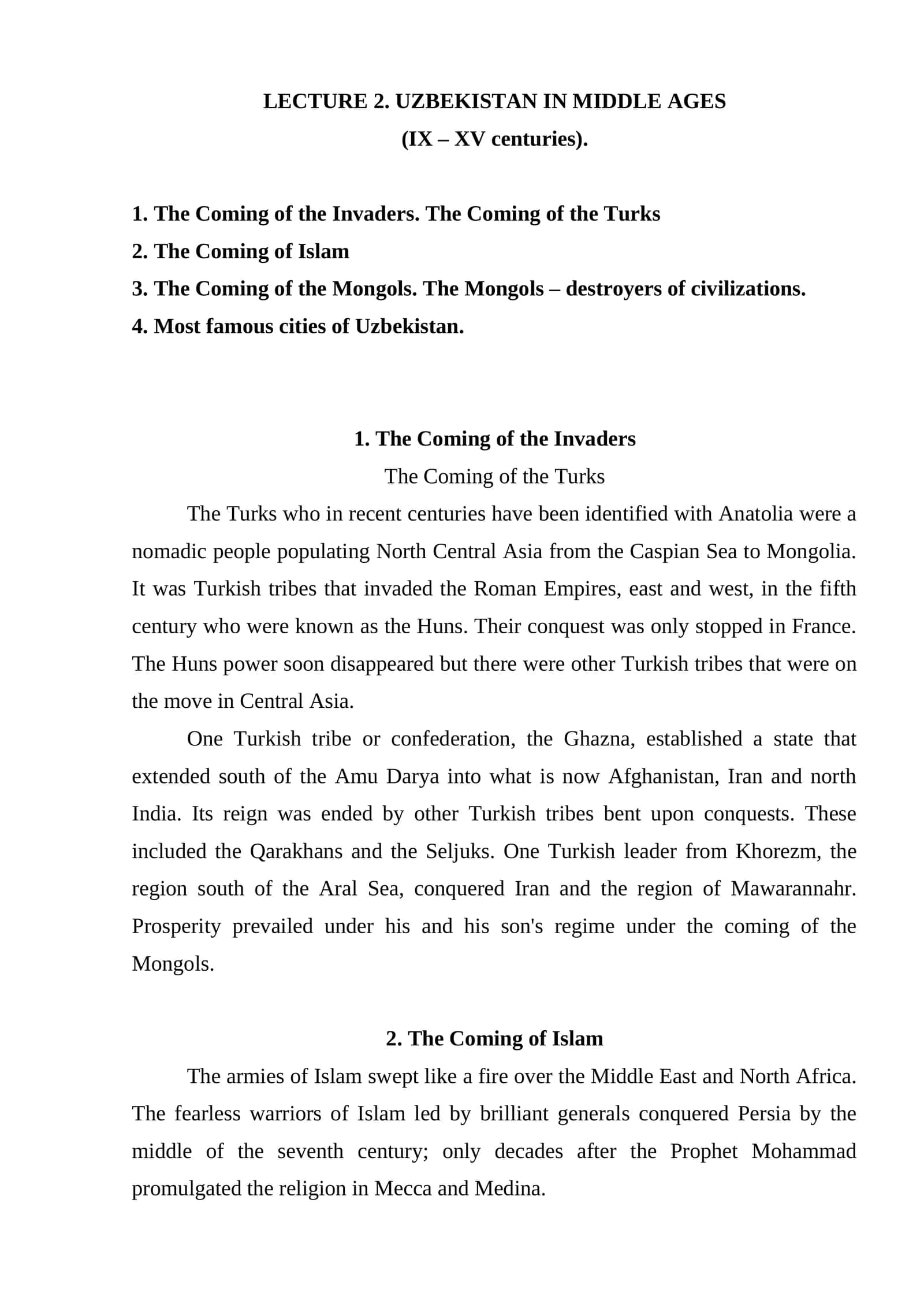 LECTURE 2. UZBEKISTAN IN MIDDLE AGES (IX – XV centuries) 1