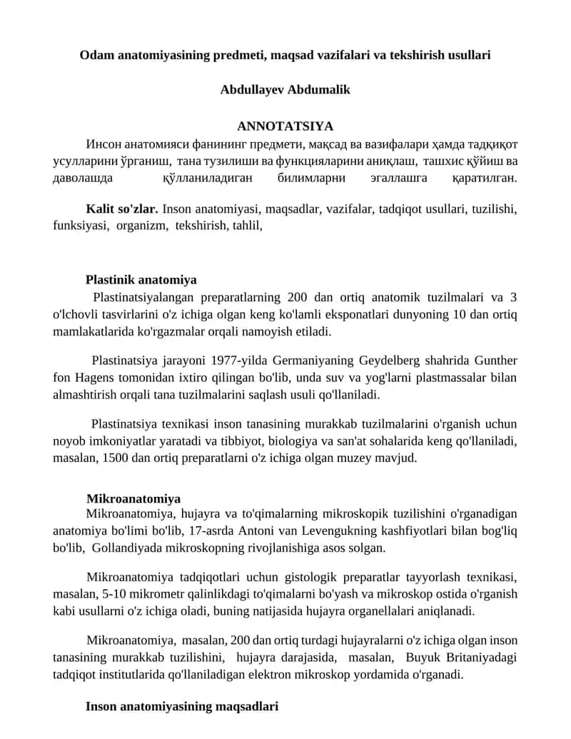 Odam anatomiyasining predmeti, maqsad vazifalari va tekshirish usullari 1