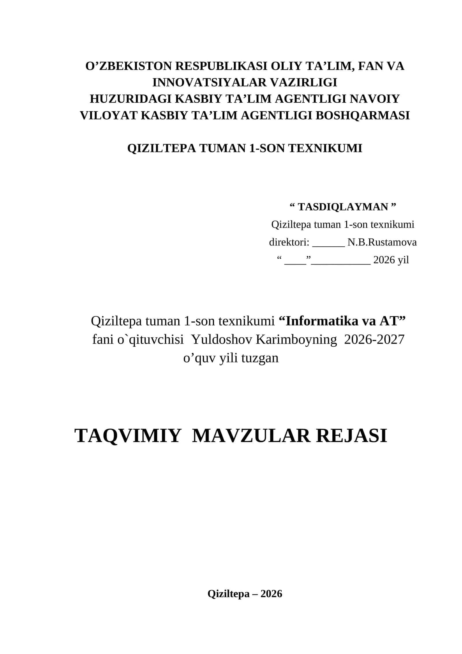 Informatika taqvim (Texnikumlar uchun) 1