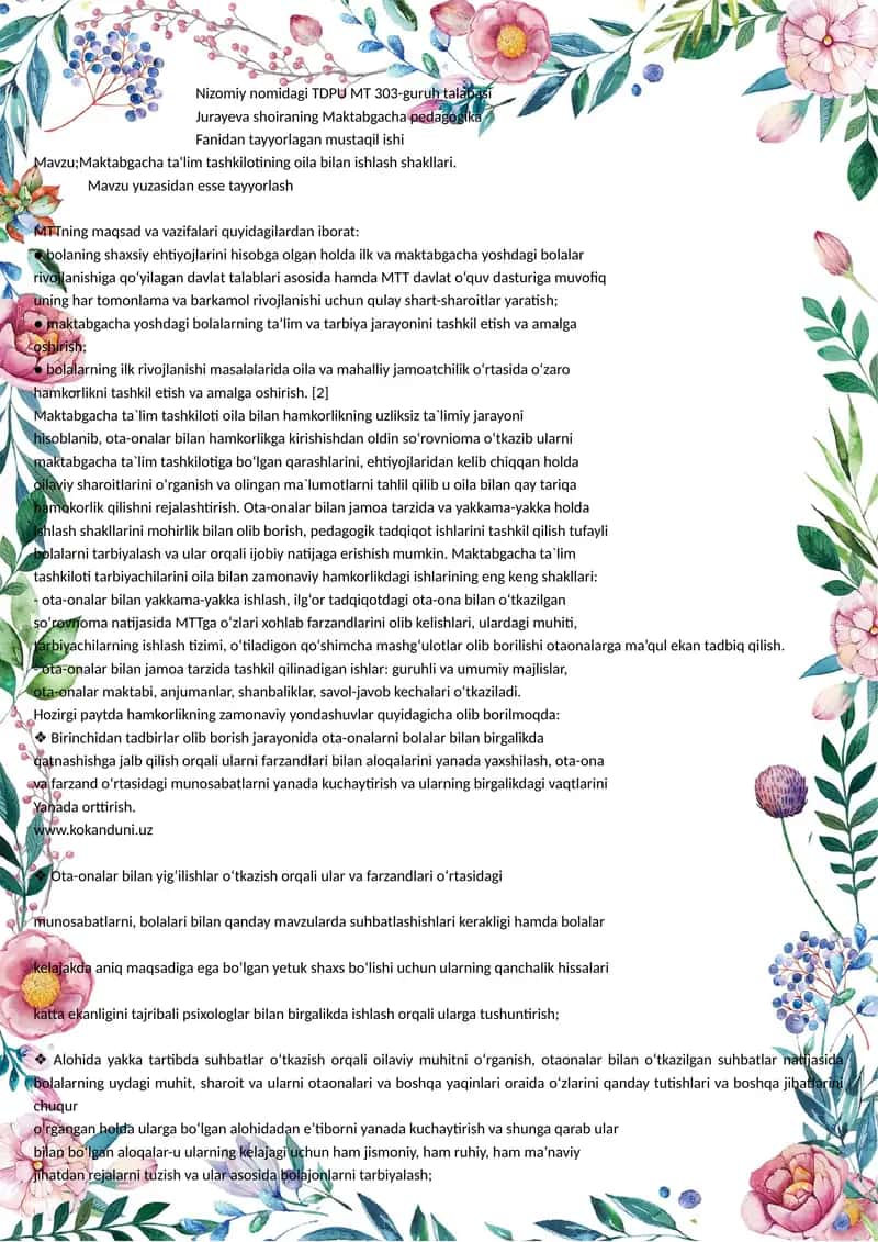 Maktabgacha ta'lim tashkilotining oila bilan ishlash shakllari 1