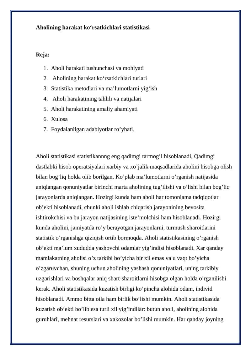 Aholining harakat koʻrsatkichlari statistikasi 1