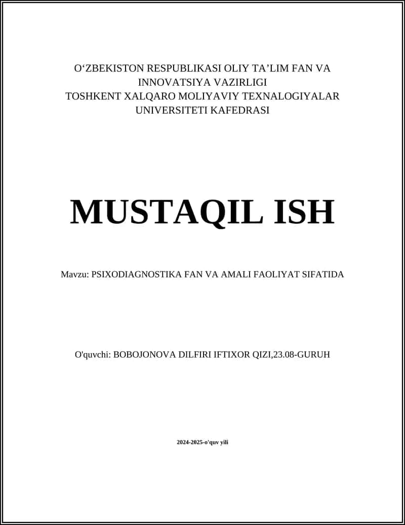 PSIXODIAGNOSTIKA FAN VA AMALI FAOLIYAT SIFATIDA 1