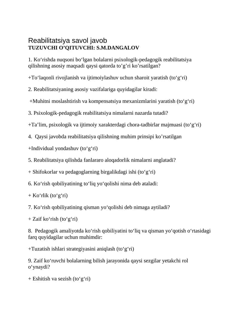 Reabilitatsiya savol javob 1