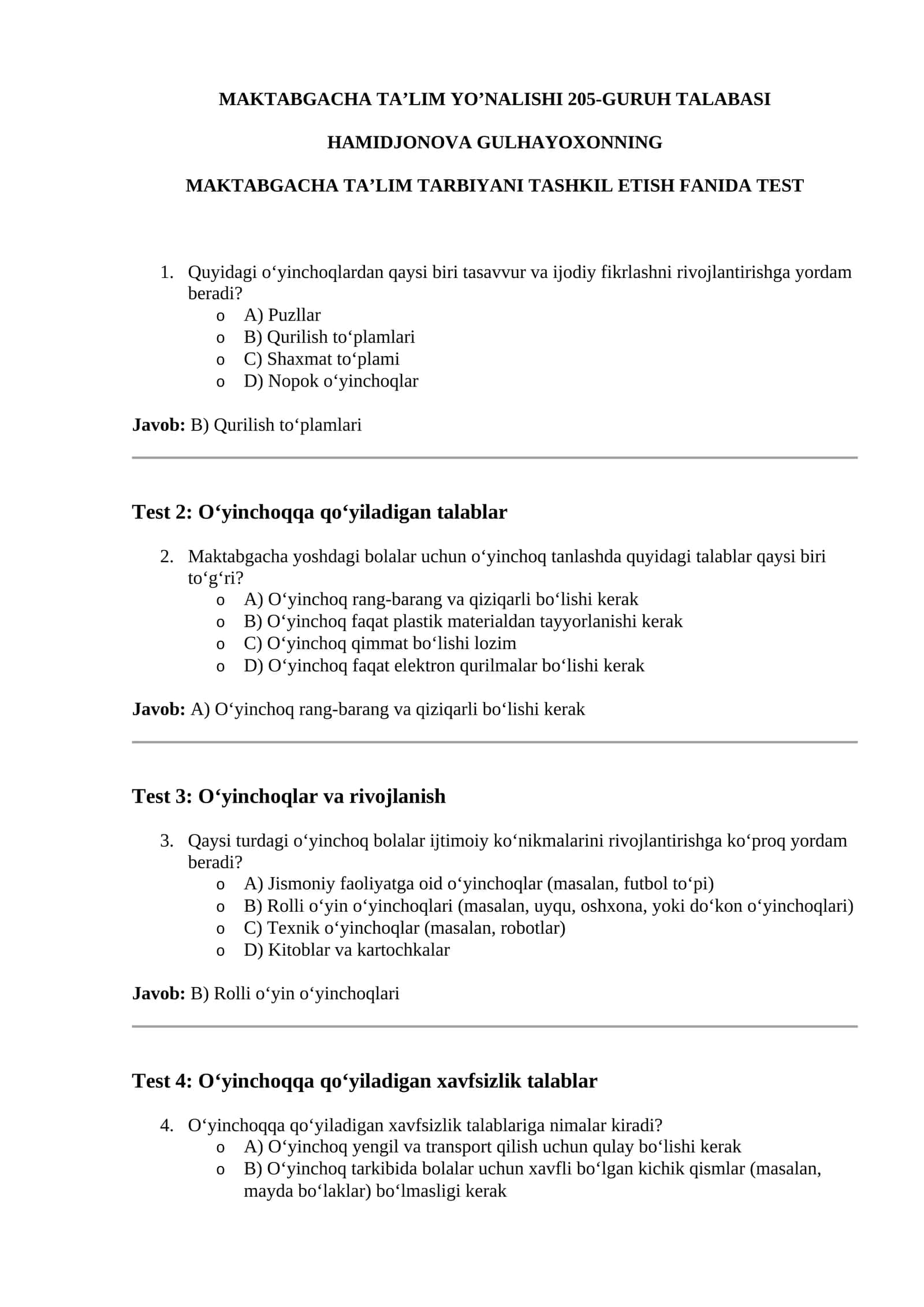 MAKTABGACHA TA' LIM TARBIYANI TASHKIL ETISH FANIDA TEST 1