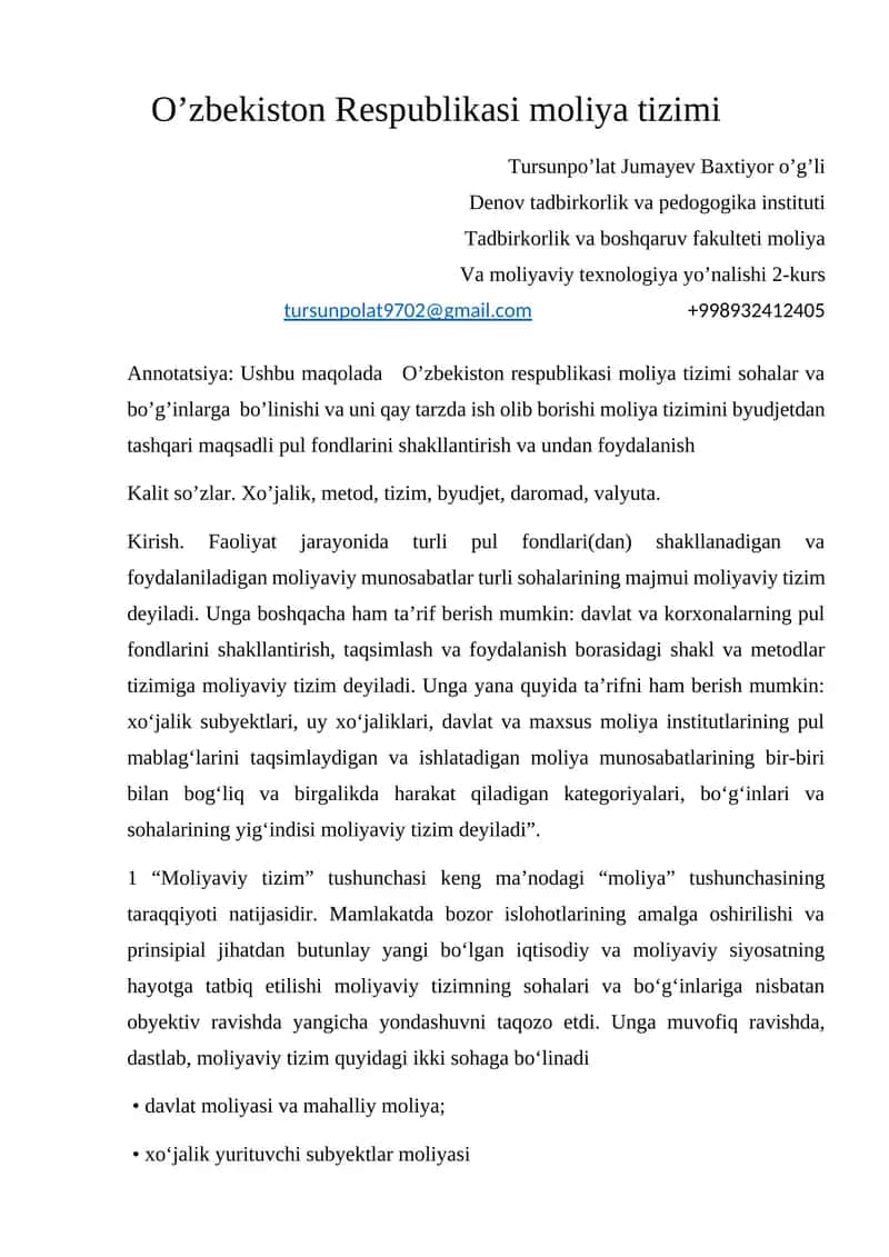 O’zbekiston Respublikasi moliya tizimi 1