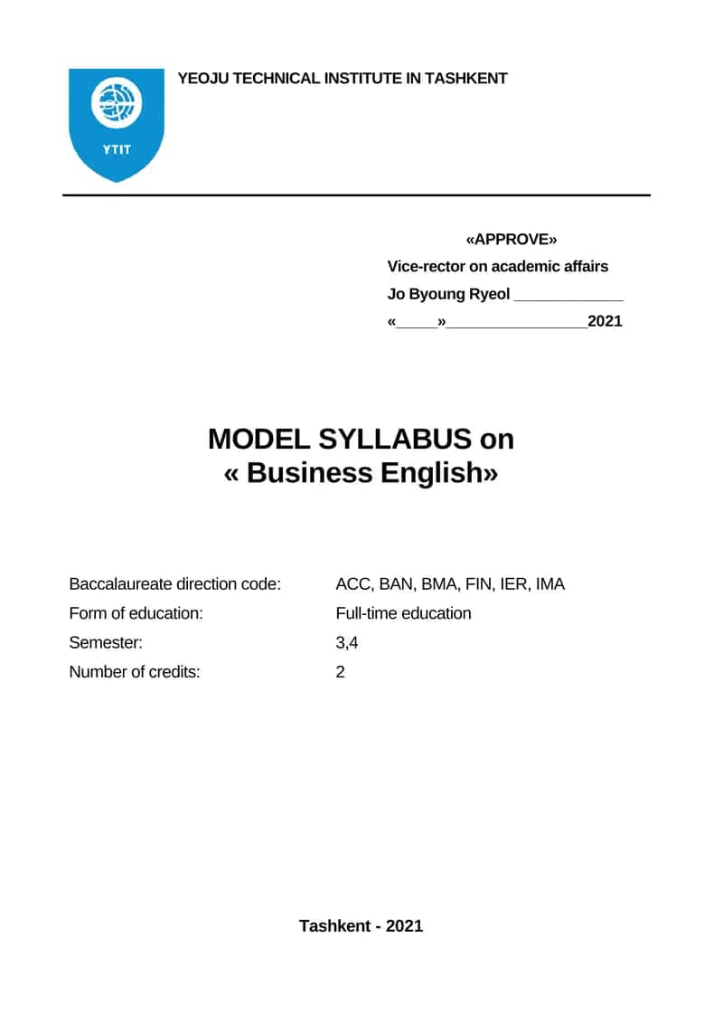 MODEL SYLLABUS on « Business English» 1