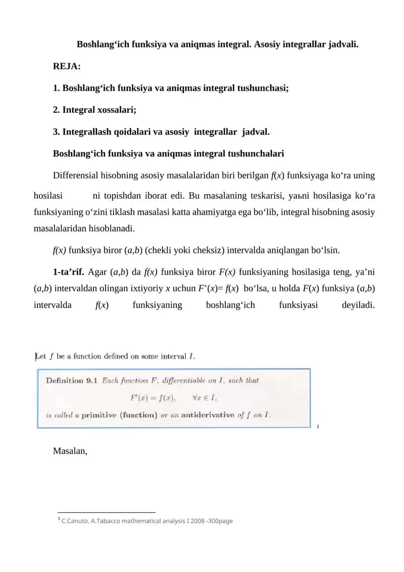 Boshlang‘ich funksiya va aniqmas integral 1