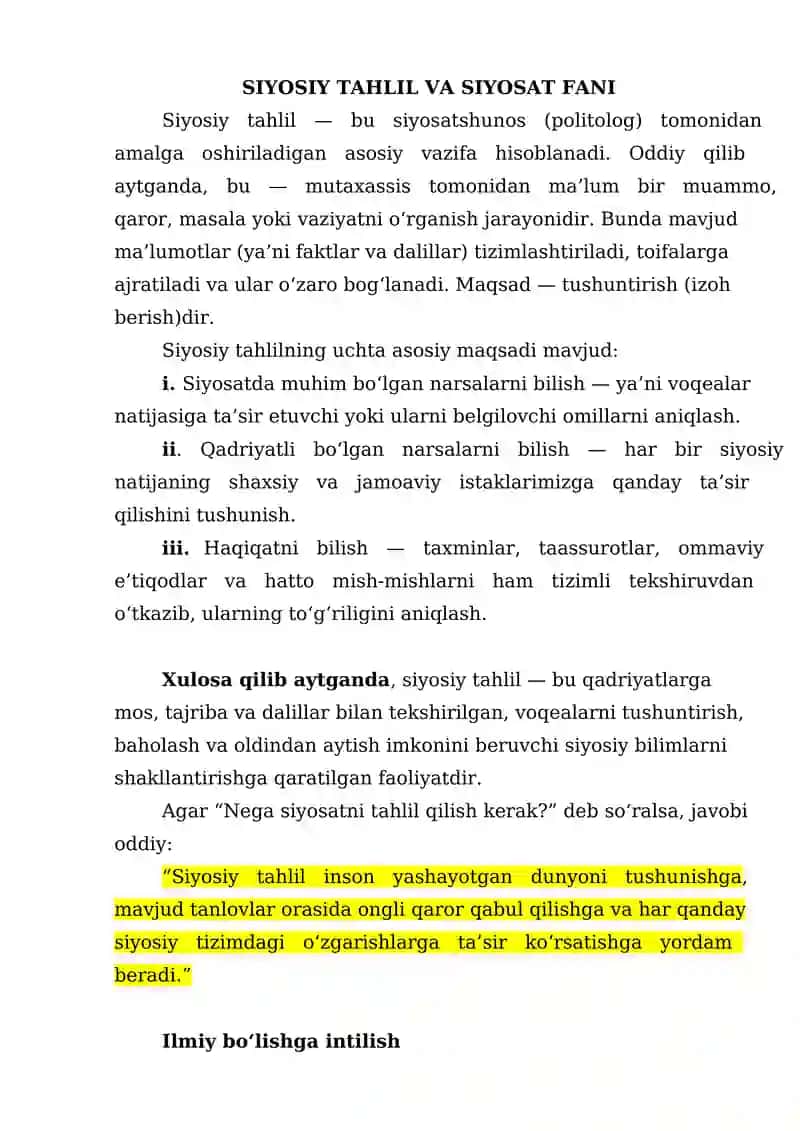Siyosiy Tahlil va Siyosat Fani