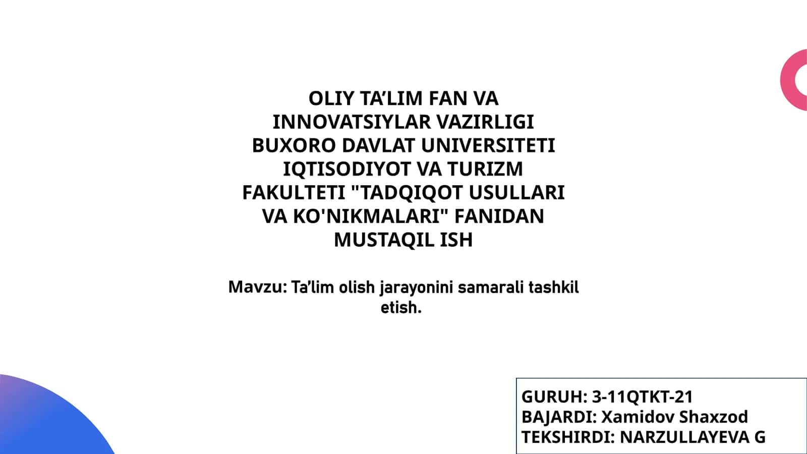 Ta'lim olish jarayonini samarali tashkil etish 1