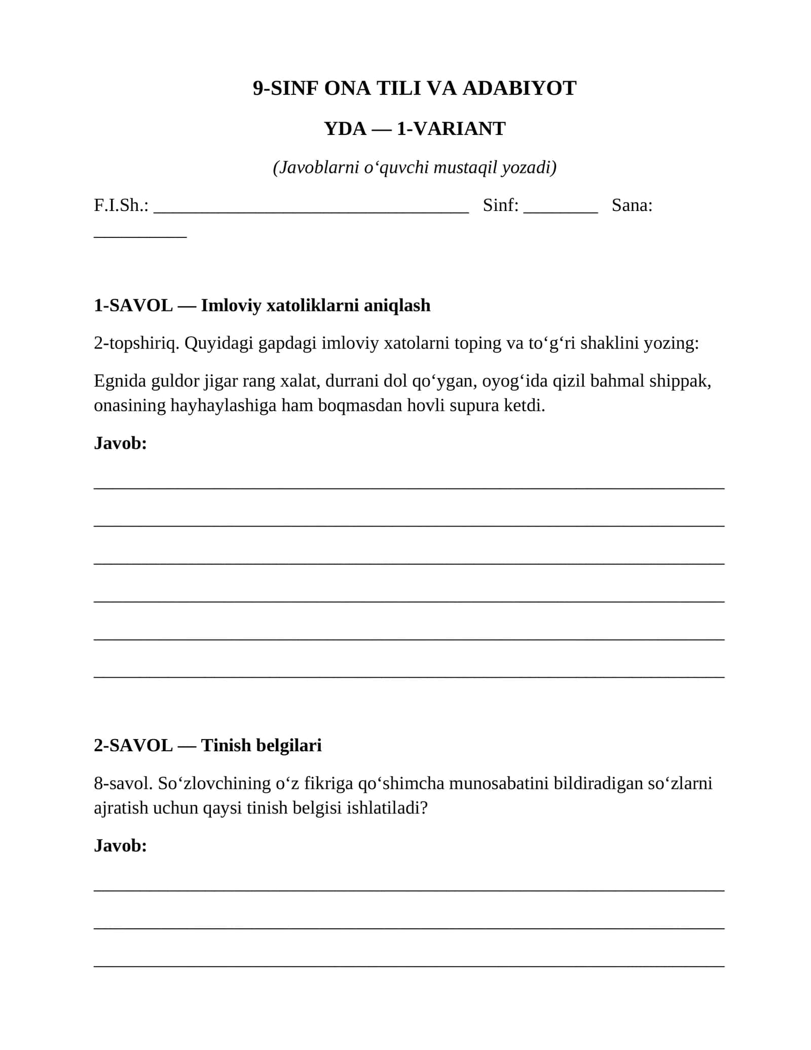 9-SINF ONA TILI VA ADABIYOT YDA — 1-VARIANT 1