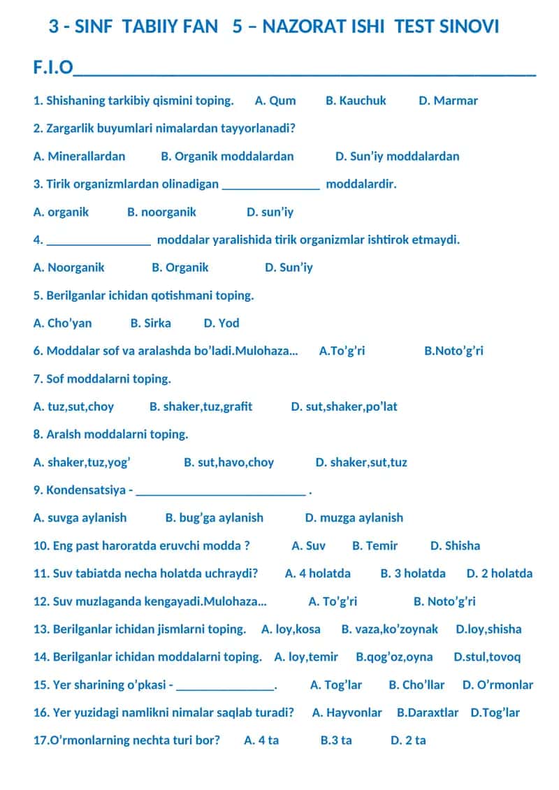 3 - SINF TABIIY FAN 5 – NAZORAT ISHI TEST SINOVI 1