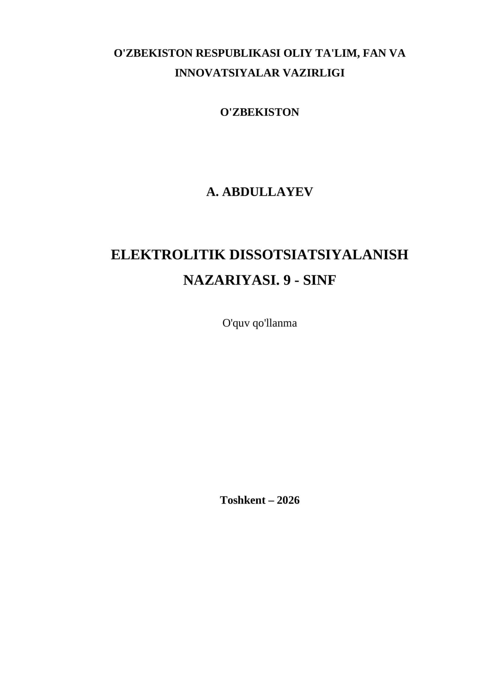 ELEKTROLITIK DISSOTSIATSIYALANISH NAZARIYASI. 9 - SINF 1