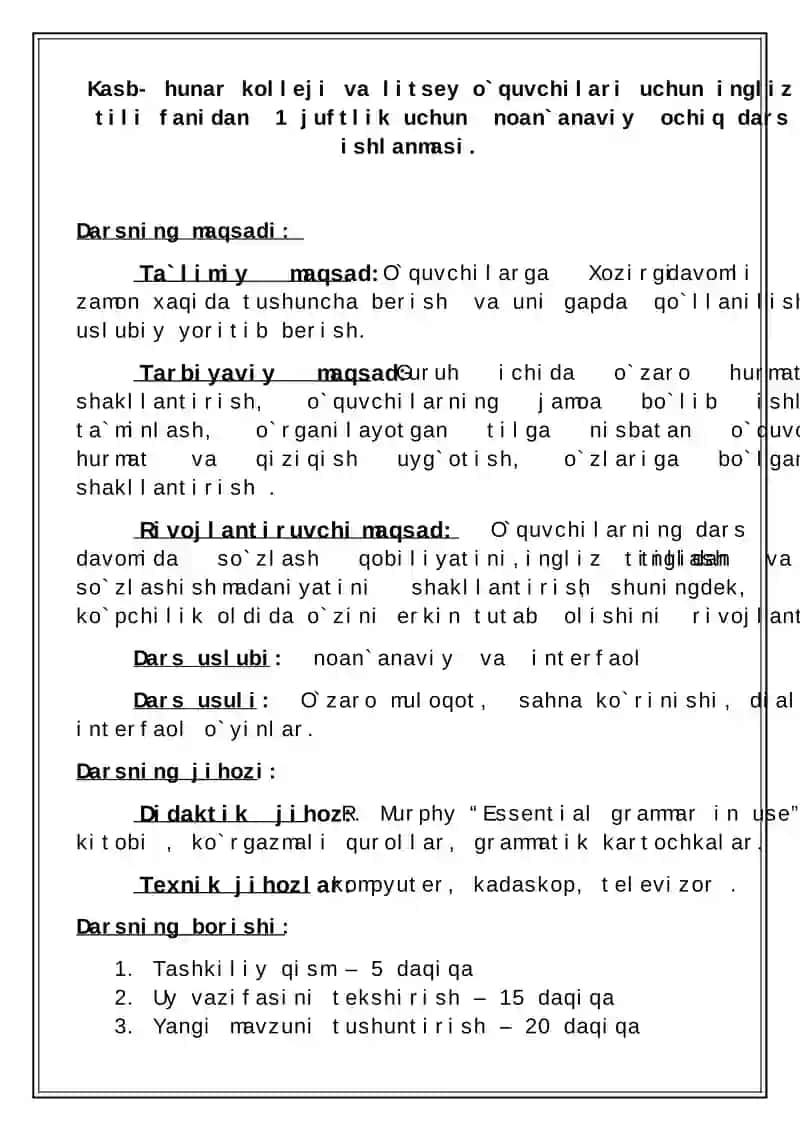 Ingliz tili fanidan 1 juftlik uchun noan`anaviy ochiq dars ishlanmasi