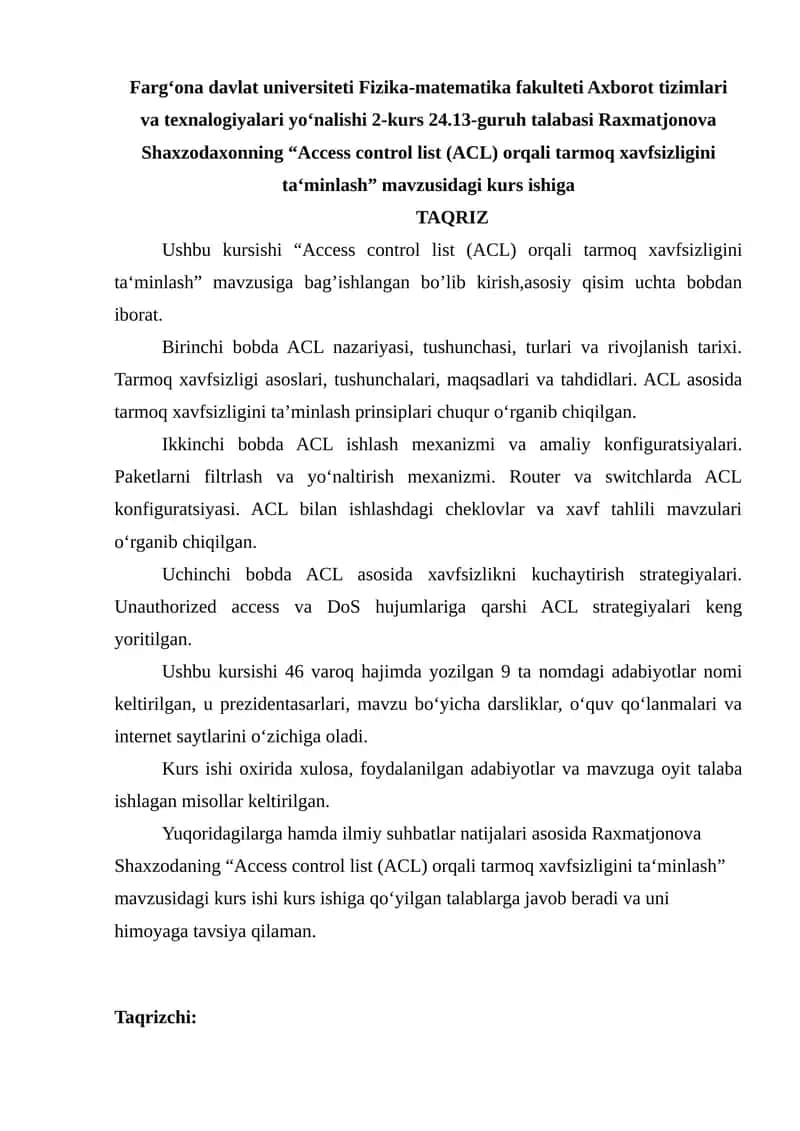 Access control list (ACL) orqali tarmoq xavfsizligini ta‘minlash 1