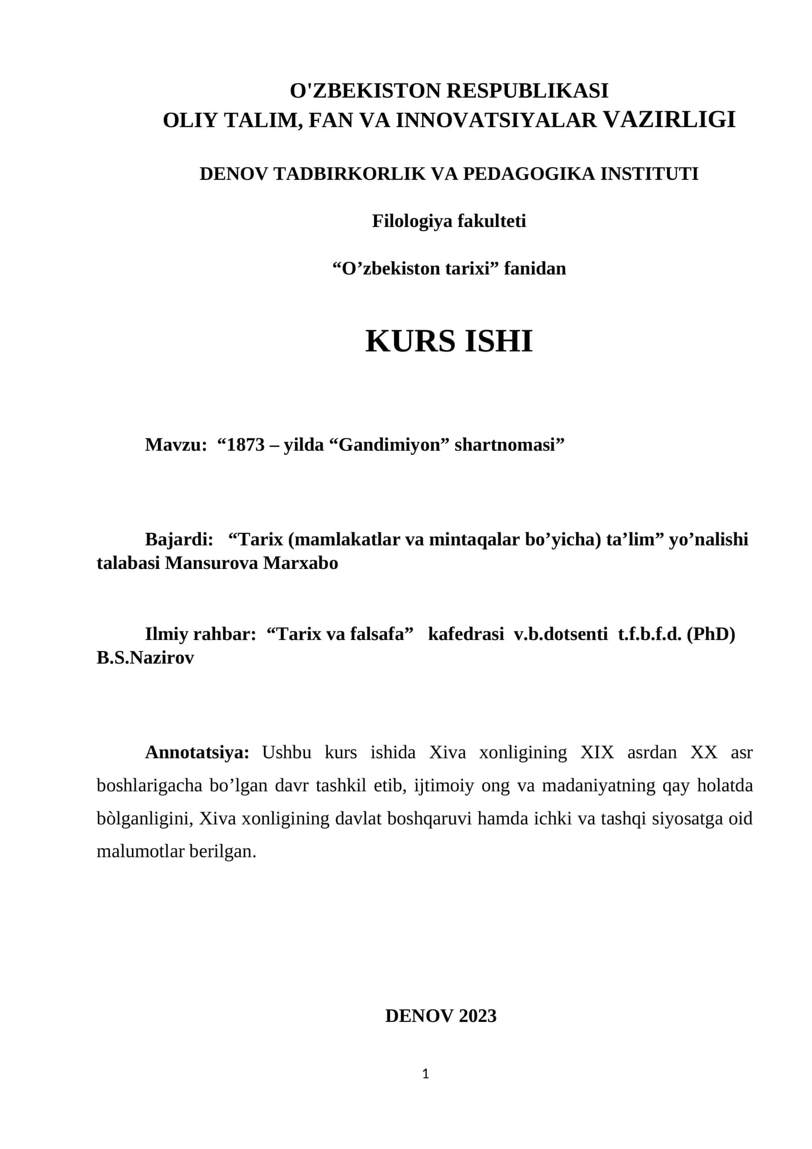 1873 – yilda Gandimiyon” shartnomasi 1