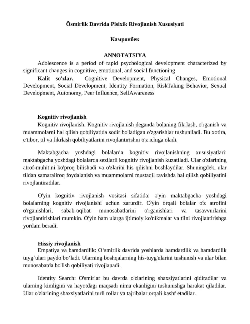 Õsmirlik Davrida Pisixik Rivojlanish Xususiyati 1