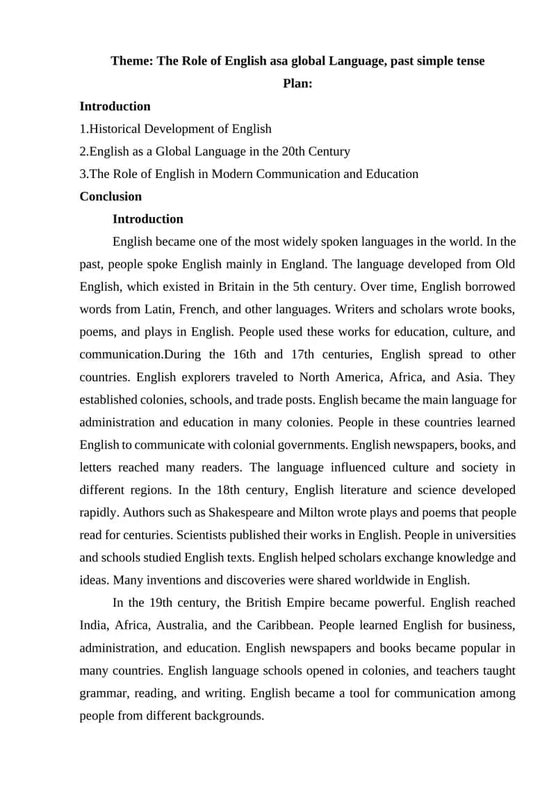 The Role of English asa global Language, past simple tense 1