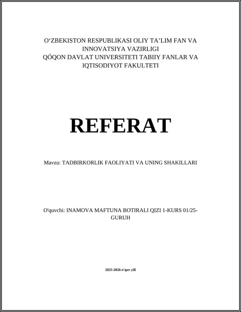 TADBIRKORLIK FAOLIYATI VA UNING SHAKILLARI 1