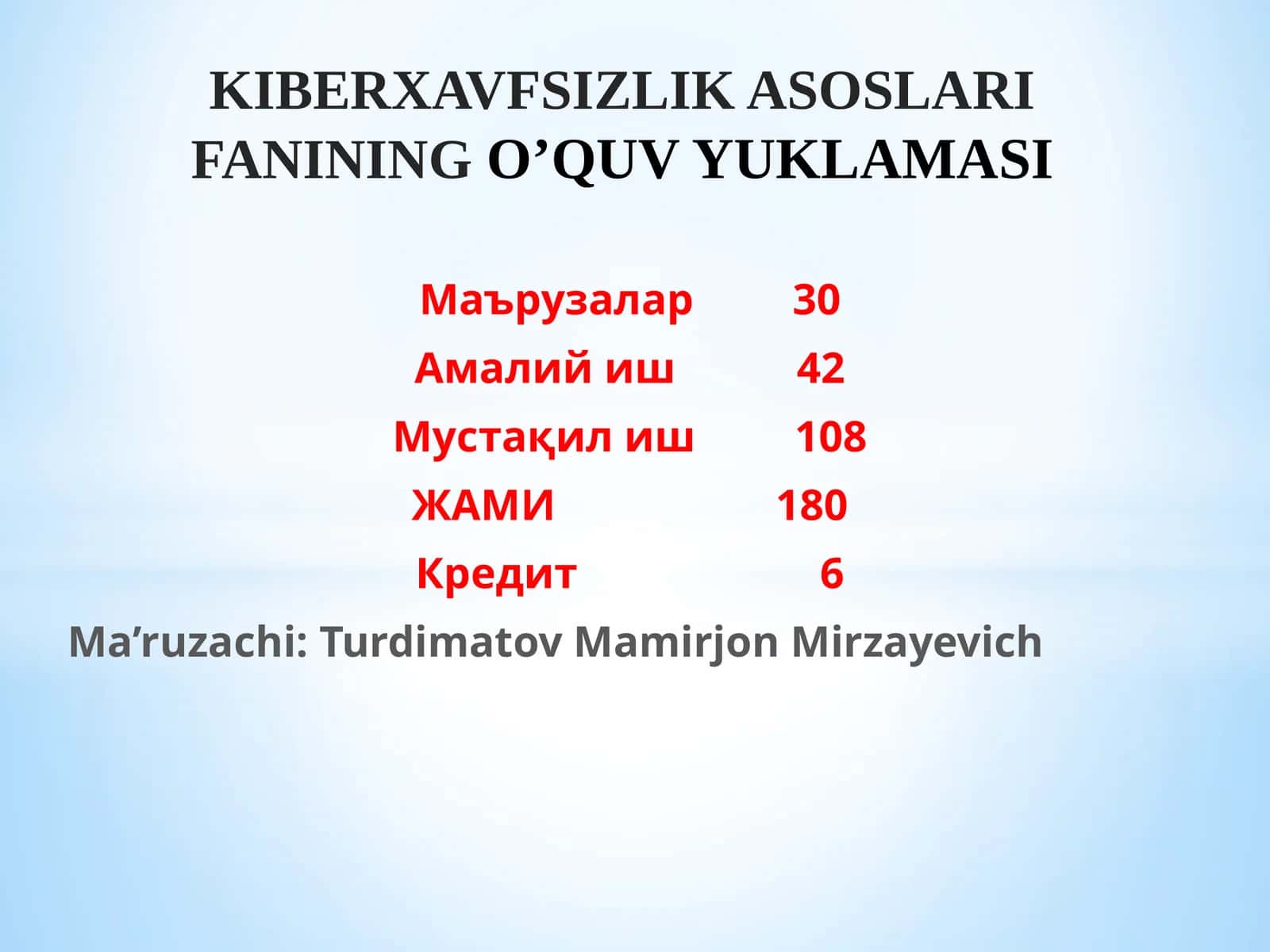 KIBERXAVFSIZLIK ASOSLARI FANINING O’QUV YUKLAMASI 1
