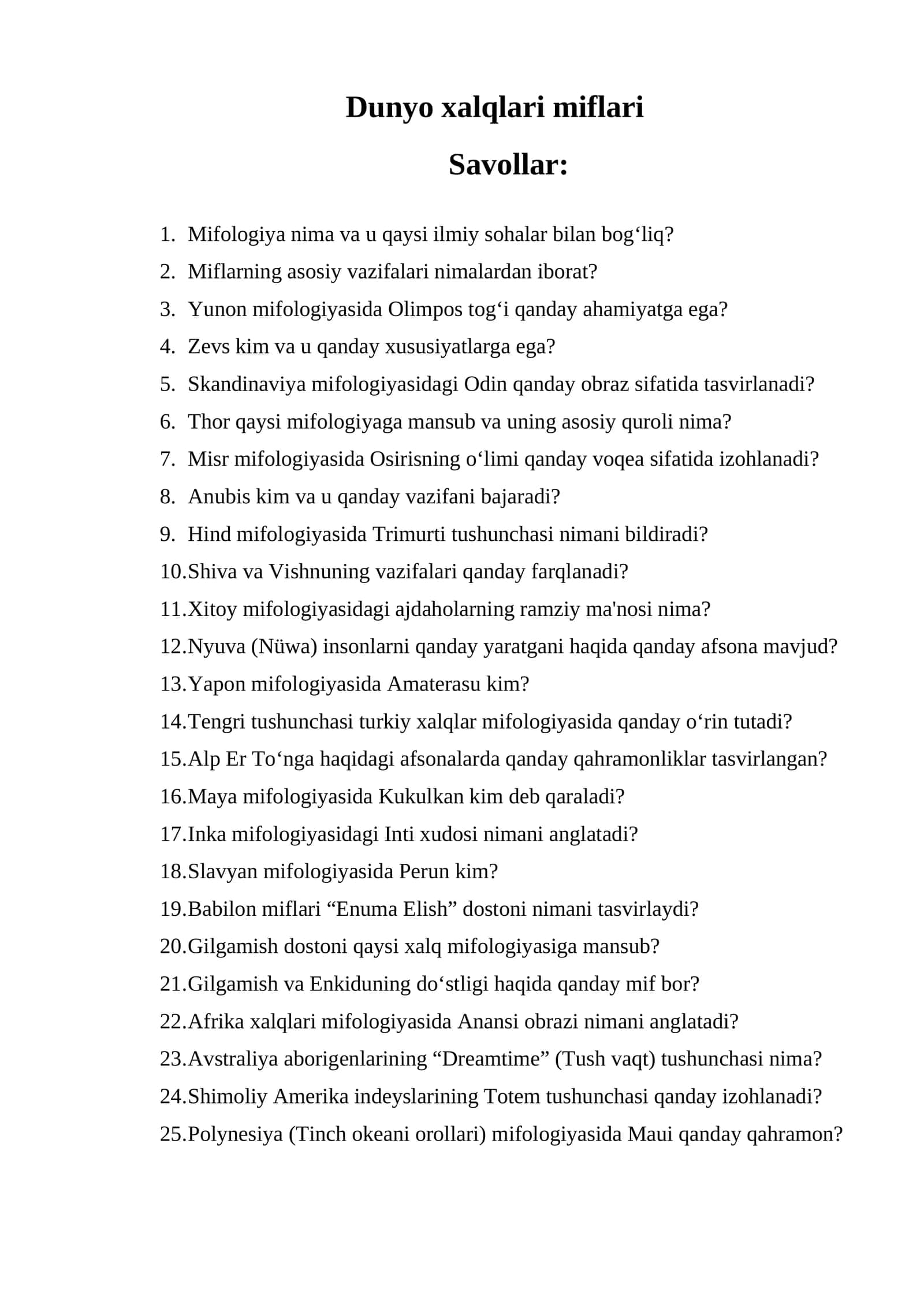 Dunyo xalqlari miflari savollar. 1