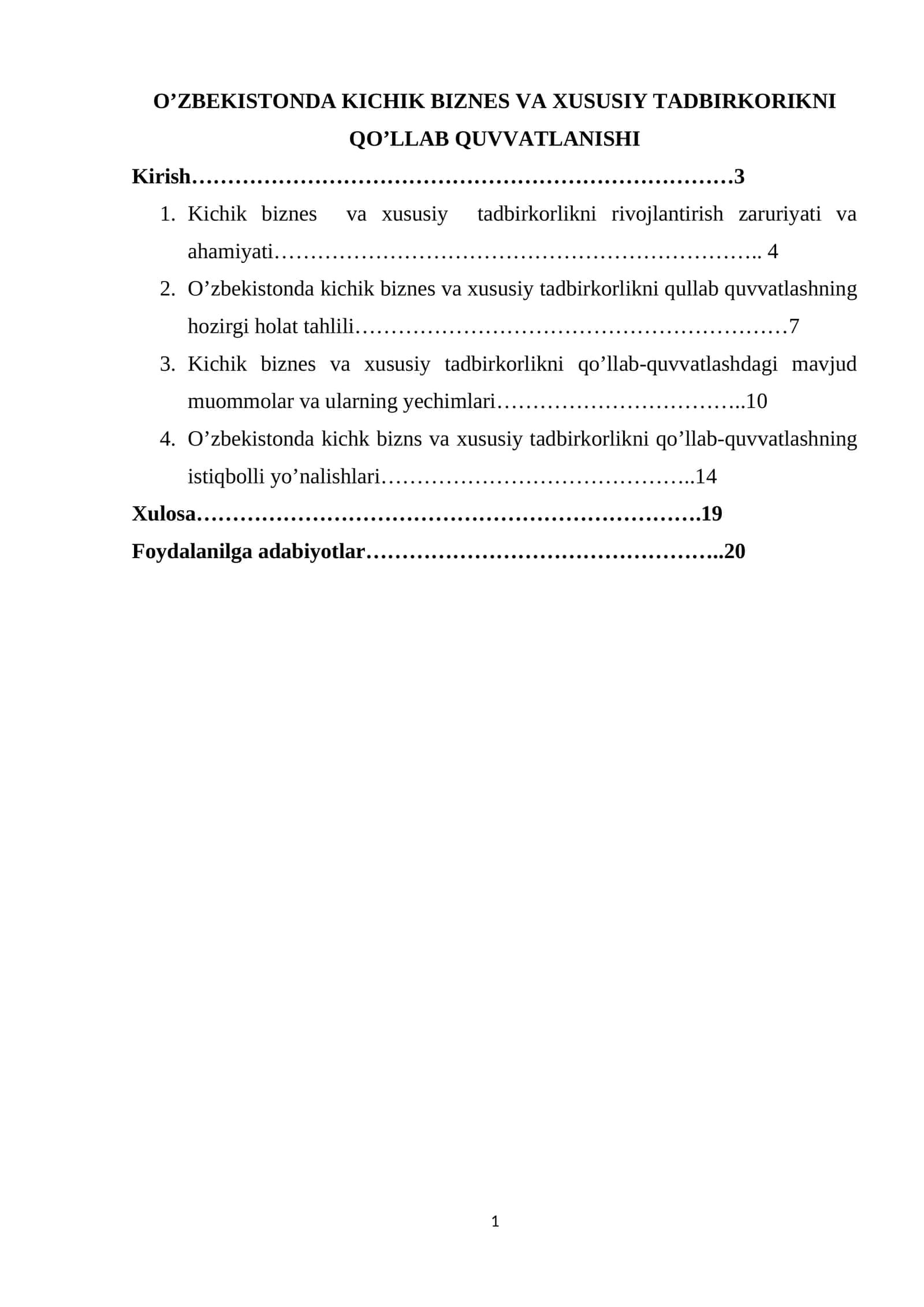 O’ZBEKISTONDA KICHIK BIZNES VA XUSUSIY TADBIRKORIKNI QO’LLAB QUVVATLANISHI 1