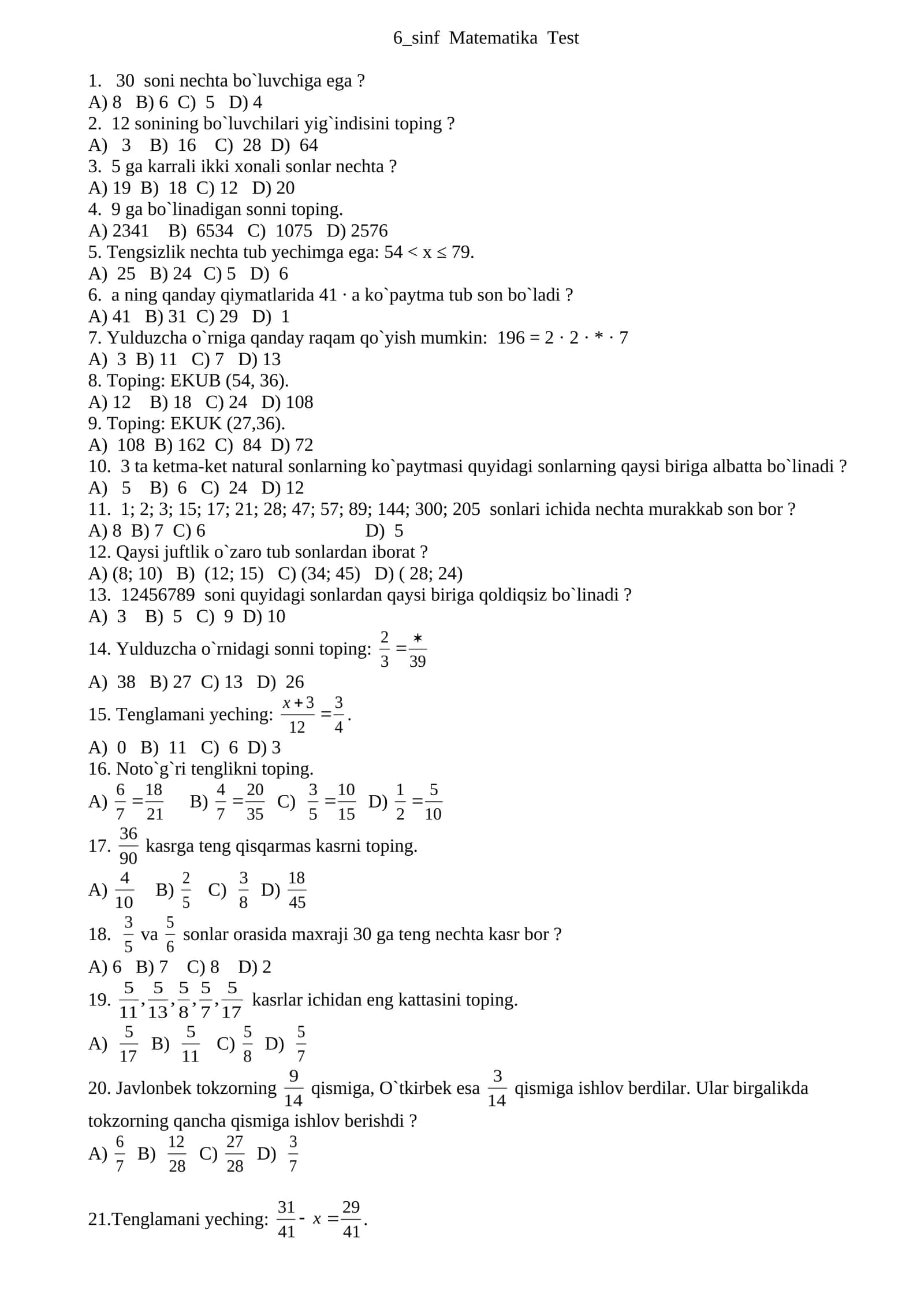 6_sinf Matematika Test 1